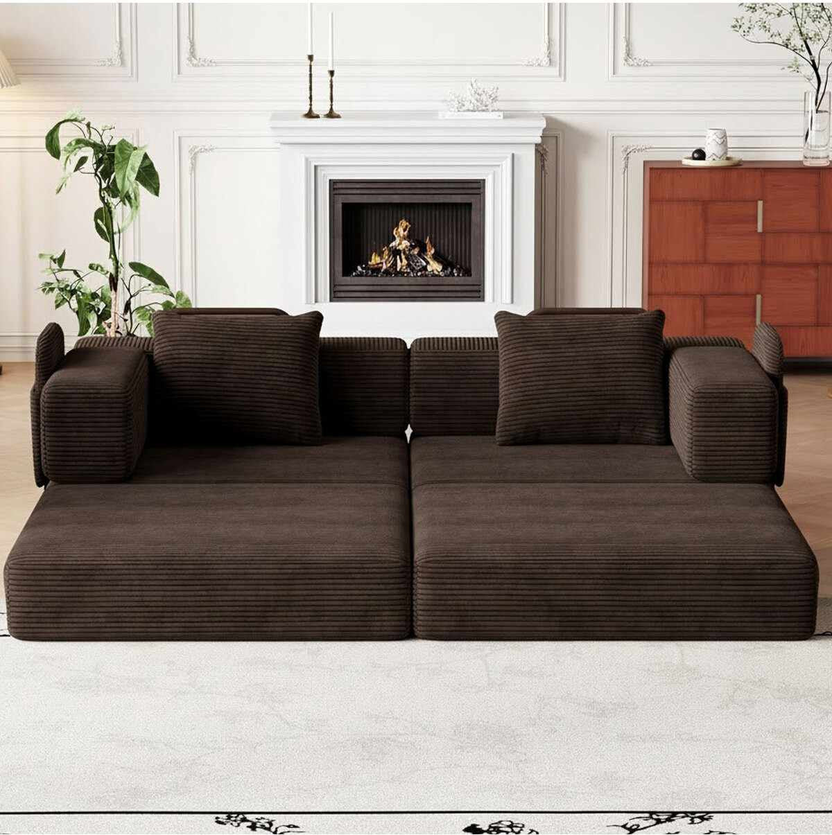 Braunes 3-Sitzer Schlafsofa aus Polyester und Leinen mit vier Eisen-Stützstreben, minimalistisches Design, zwei Kissen auf der Sitzfläche.