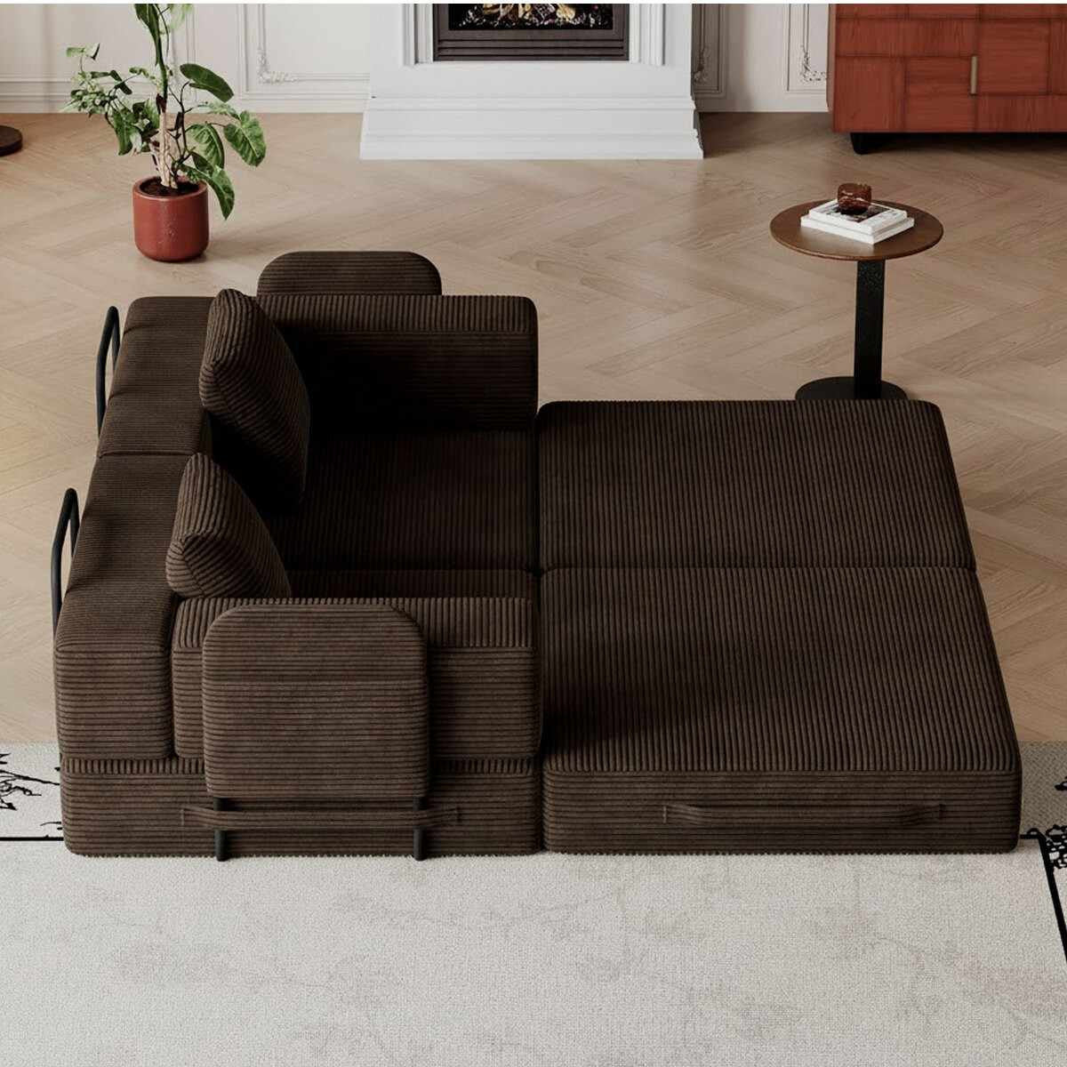 Braunes 3-Sitzer Schlafsofa aus Polyester und Leinen mit vier Eisen-Stützstreben, minimalistisches Design, zwei Kissen auf der Sitzfläche.