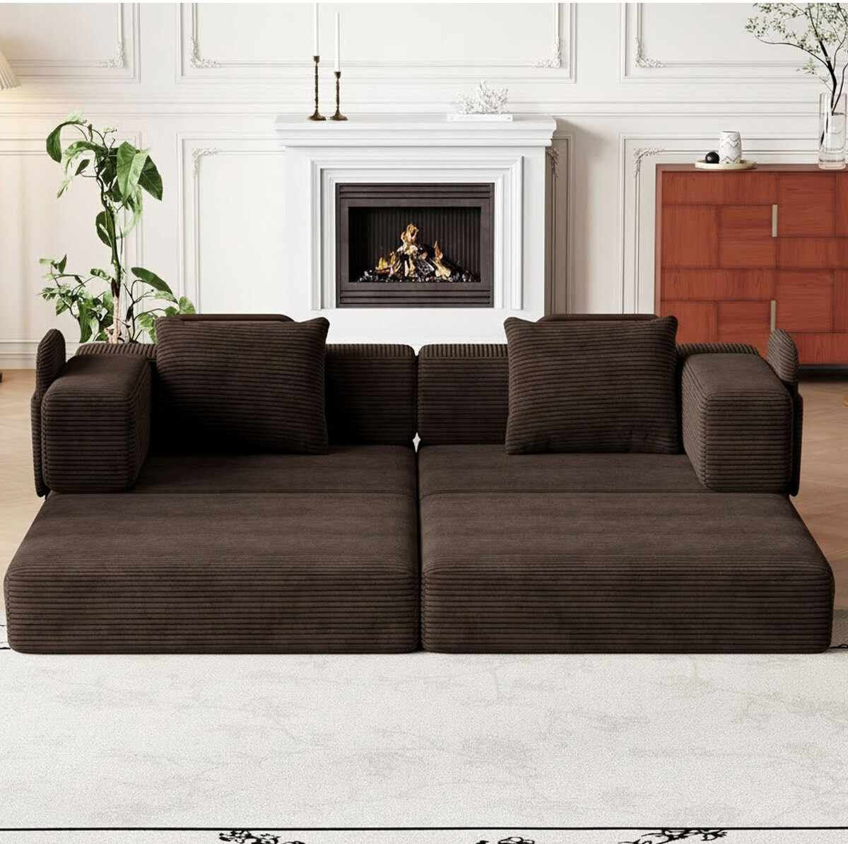 Braunes 3-Sitzer Schlafsofa aus Polyester und Leinen mit vier Eisen-Stützstreben, minimalistisches Design, zwei Kissen auf der Sitzfläche.