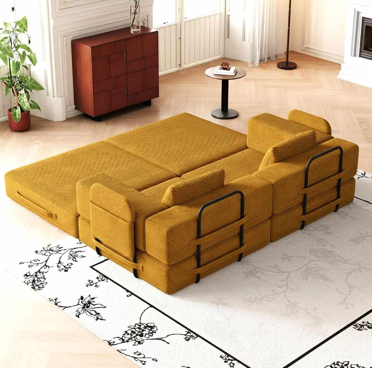 Senfgelbes 3-Sitzer Schlafsofa aus Polyester/Leinen mit Schaumstofffüllung, Eisenstützstreben und zwei Kissen, Frontalansicht auf hellem Hintergrund.