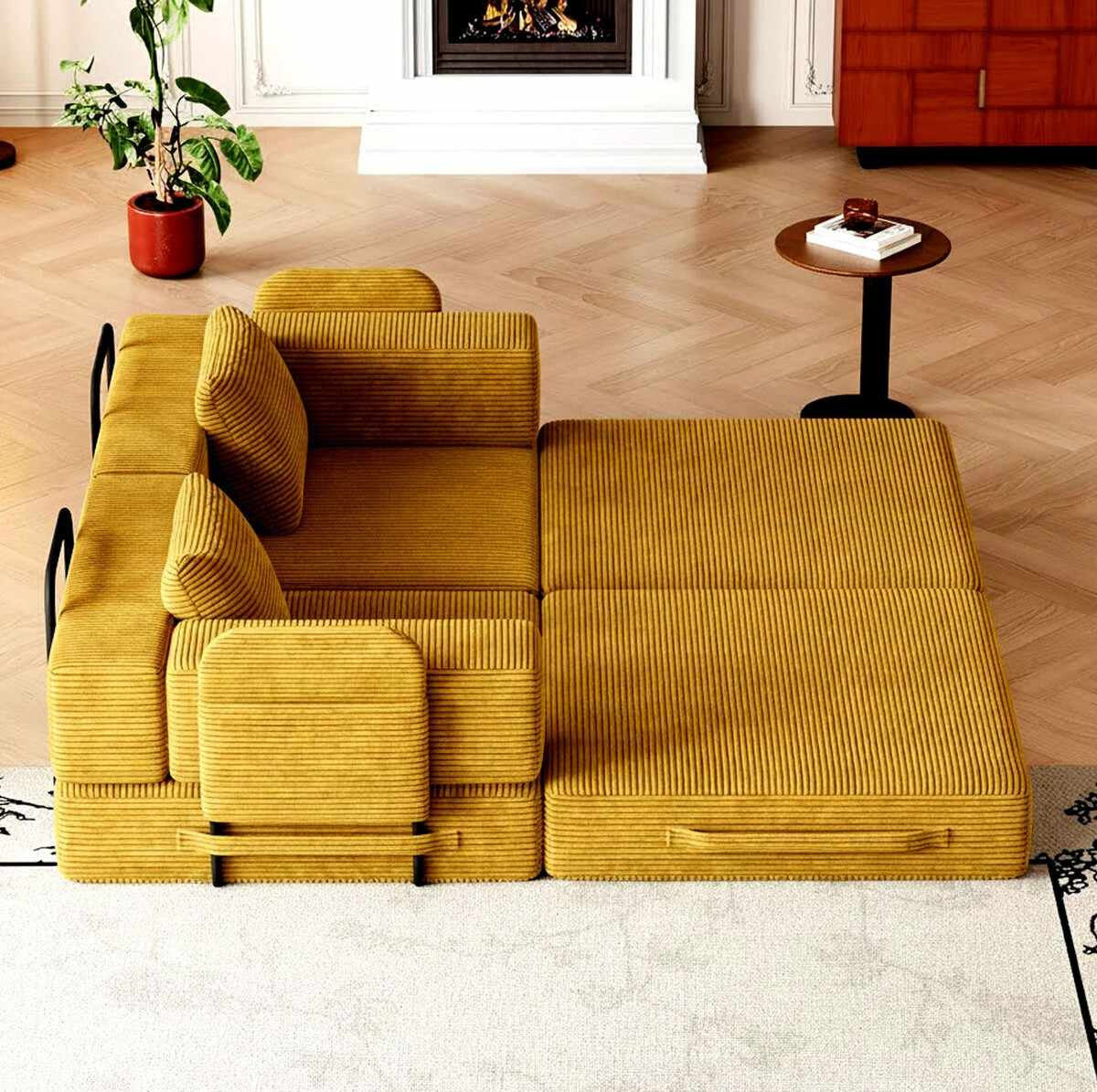 Senfgelbes 3-Sitzer Schlafsofa aus Polyester/Leinen mit Schaumstofffüllung, Eisenstützstreben und zwei Kissen, Frontalansicht auf hellem Hintergrund.