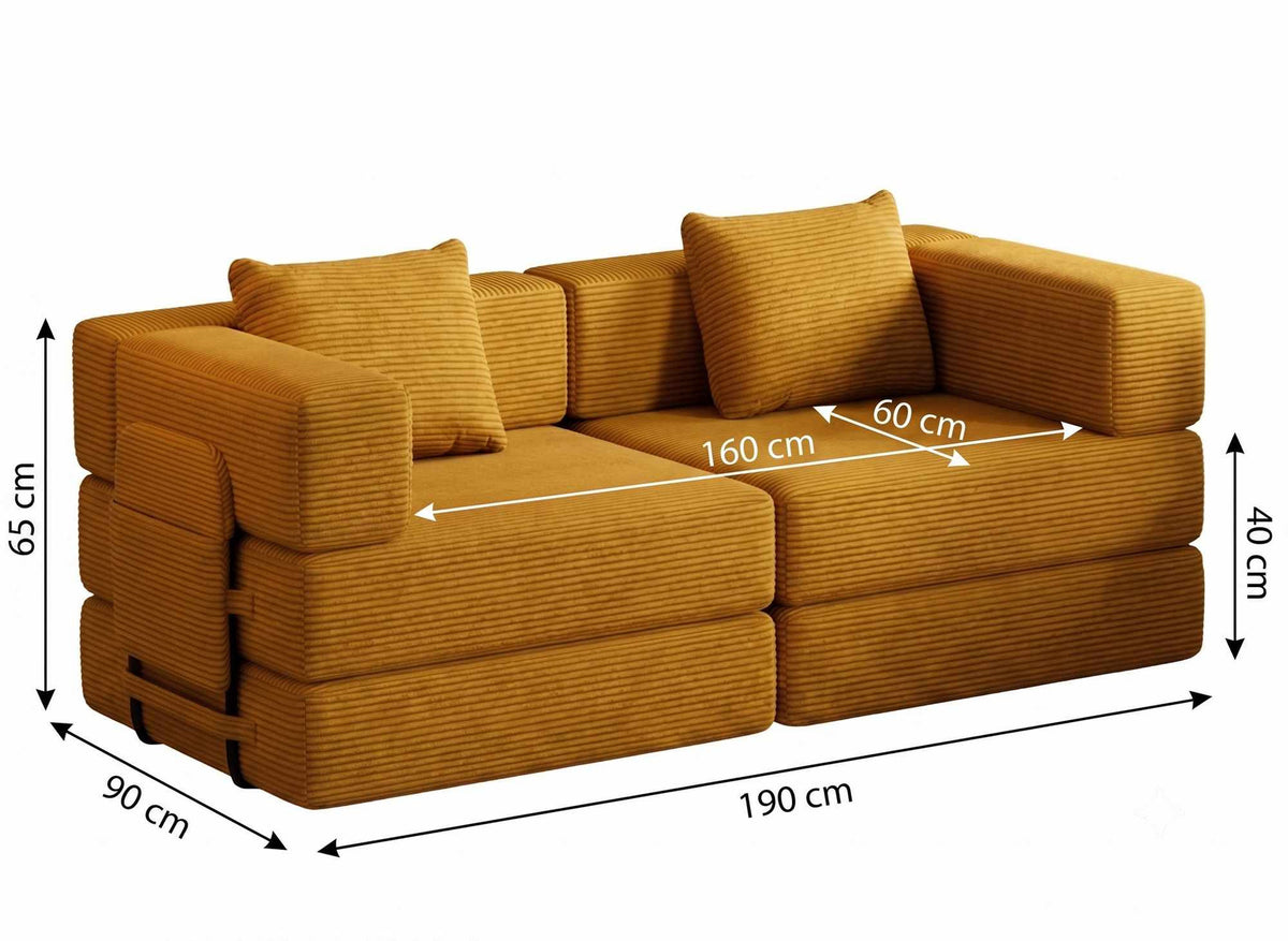 Senfgelbes 3-Sitzer Schlafsofa aus Polyester/Leinen mit Schaumstofffüllung, Eisenstützstreben und zwei Kissen, Frontalansicht auf hellem Hintergrund.