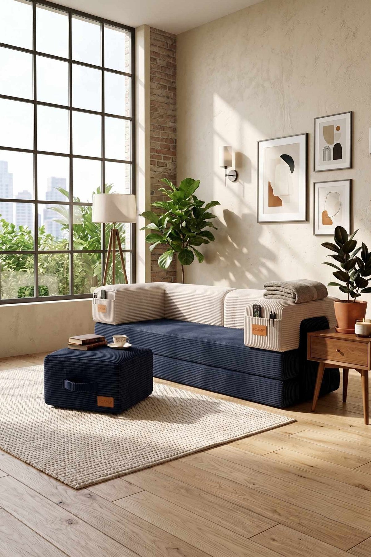 Dunkelblaues 3-Sitzer Schlafsofa mit cremefarbenen Kissen, Bezug aus Polyester und Leinen, Eisenstützen und ausklappbarer Liegefläche.