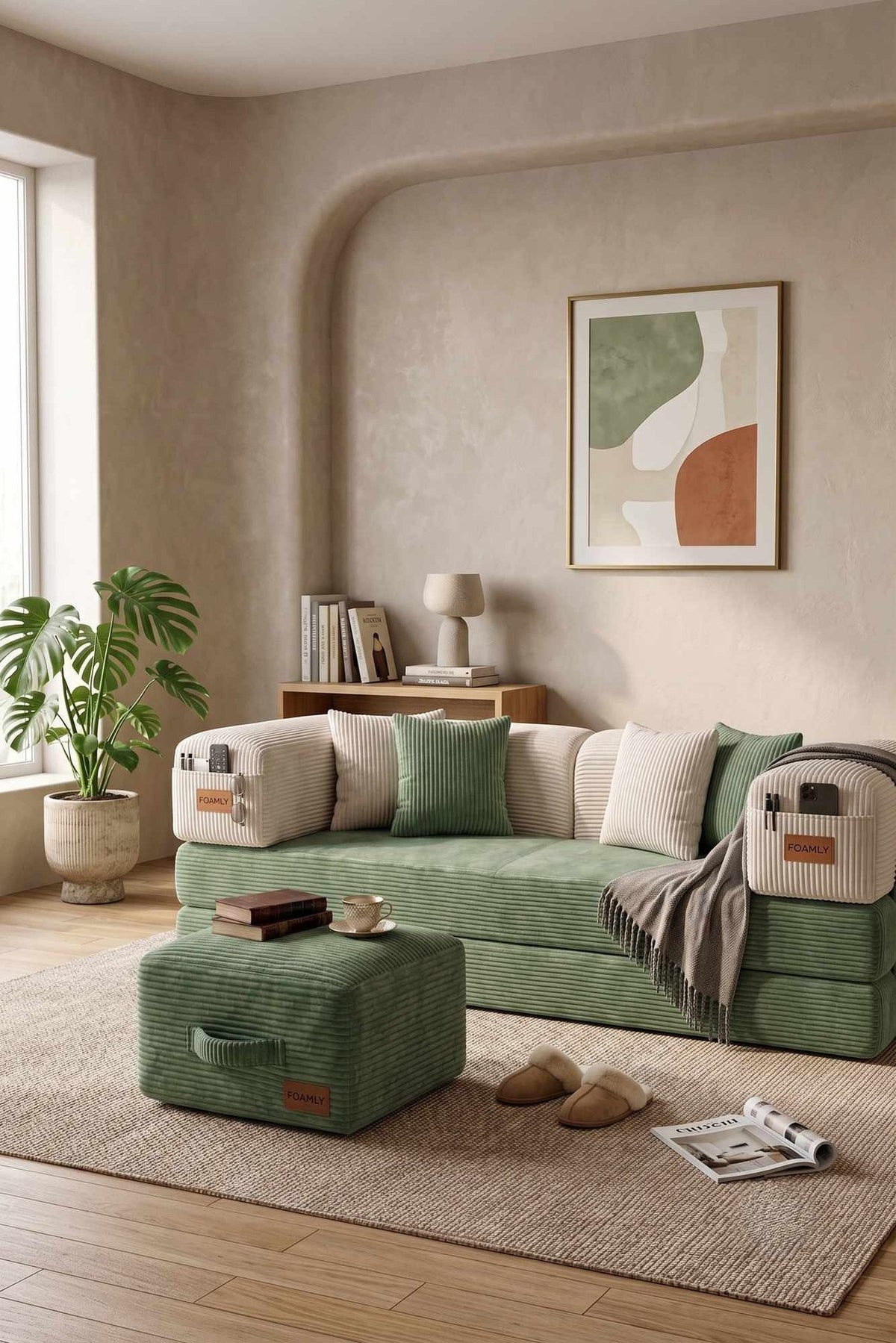 Dreisitzer-Schlafsofa in Mint und Creme mit Polyester-Leinen-Bezug, vier Kissen und passendem Hocker, ausgeklappt als Bettfläche sichtbar.