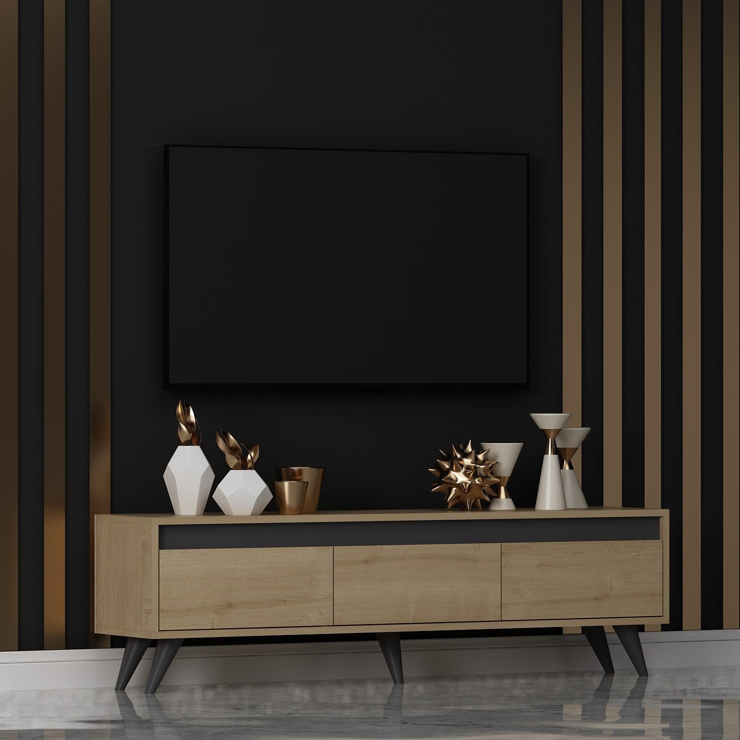 Gestalten Sie Ihr Wohnzimmer mit dem Century Sideboard aus Saphir-Eiche von Hanah Home – modern, geräumig und langlebig!