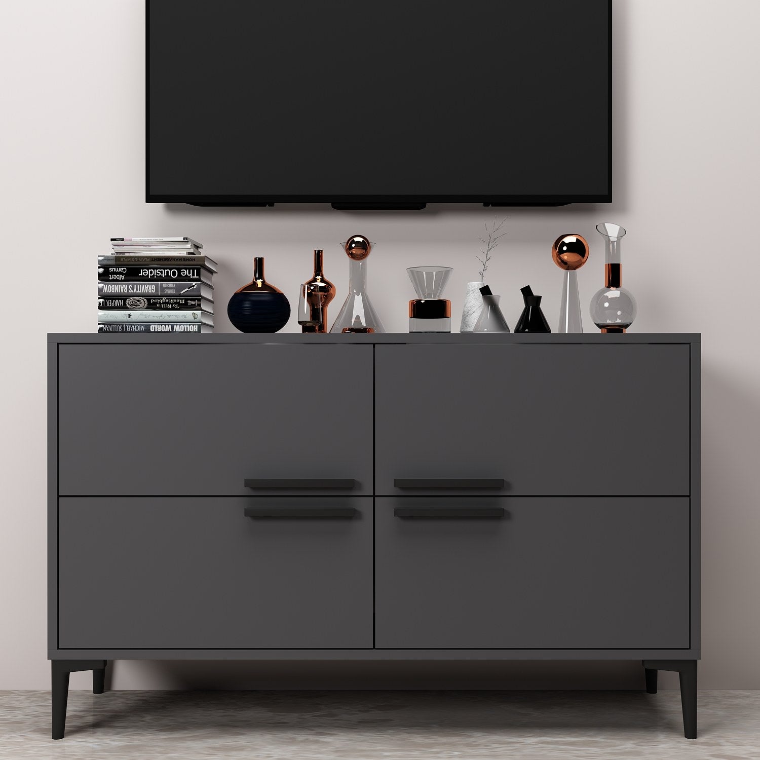 Entdecken Sie das elegante CTN Sideboard in Anthrazit von Hanah Home. Perfekt für stilvolle Wohnräume, bietet es Funktionalität und modernes Design.