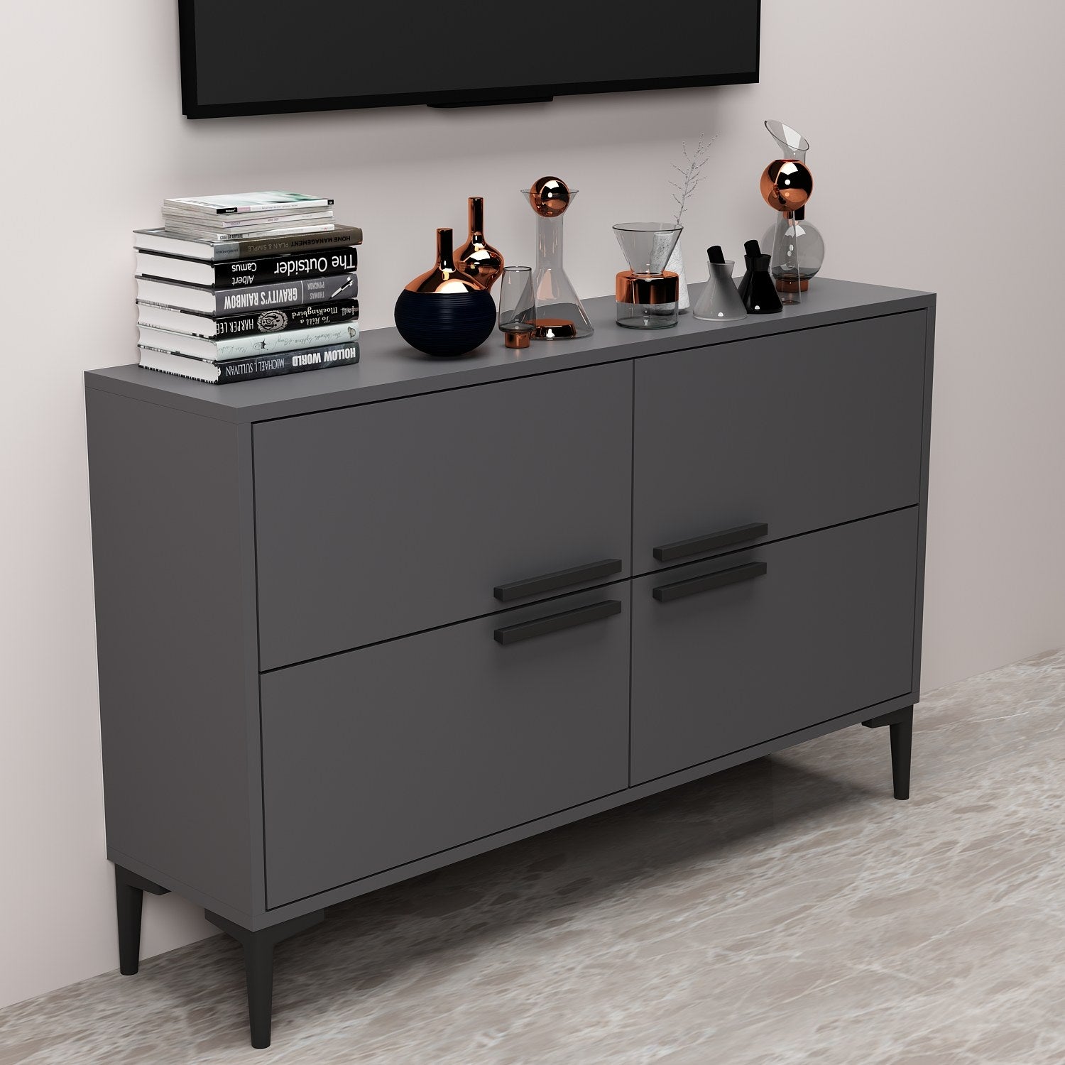 Verleihen Sie Ihrem Wohnzimmer mit dem CTN Sideboard in Anthrazit von Hanah Home einen Hauch von Eleganz. Ideal für Ordnung und Stil.