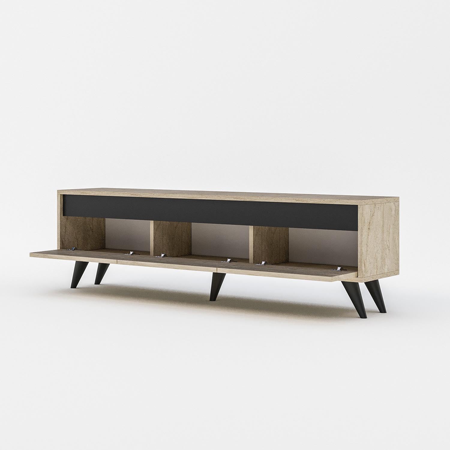 Verleihen Sie Ihrem Wohnraum mit dem Century Sideboard von Hanah Home in edlem Travertin und Anthrazit einen Hauch von Luxus und Funktionalität.