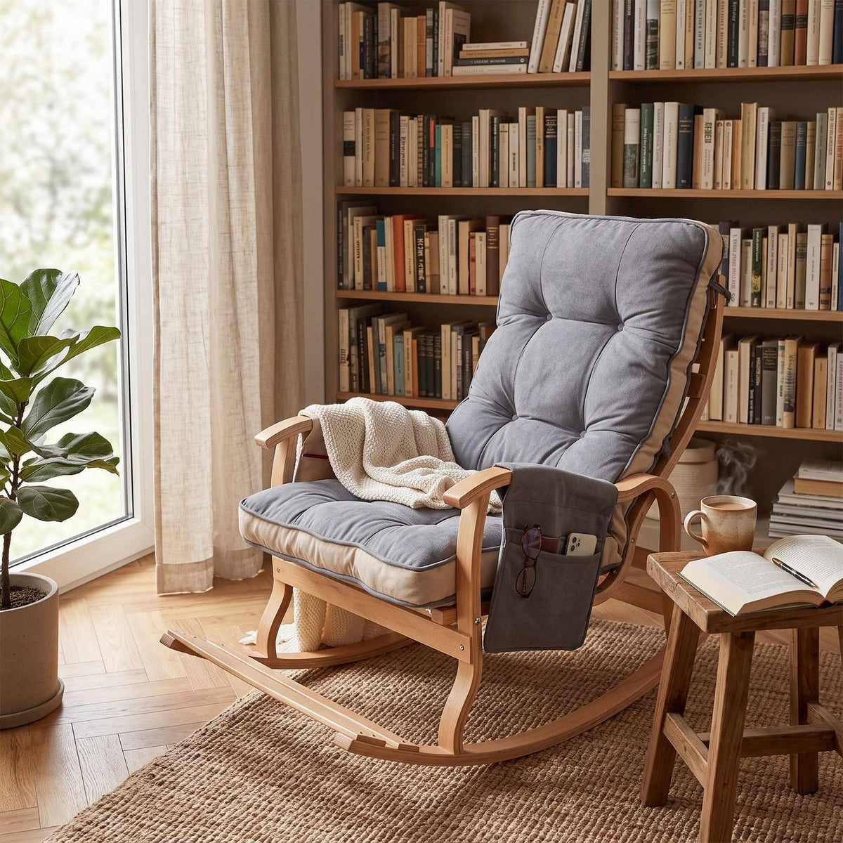 Schaukelstuhl Mosso in Grau/Creme von Hanah Home mit Gestell aus Hainbuchen-Sperrholz und gepolstertem Sitz aus Polyester-Stoff.