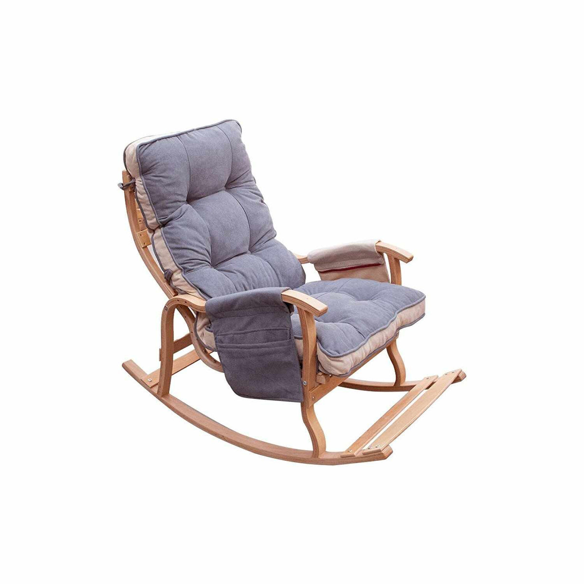 Schaukelstuhl Mosso in Grau/Creme von Hanah Home mit Gestell aus Hainbuchen-Sperrholz und gepolstertem Sitz aus Polyester-Stoff.