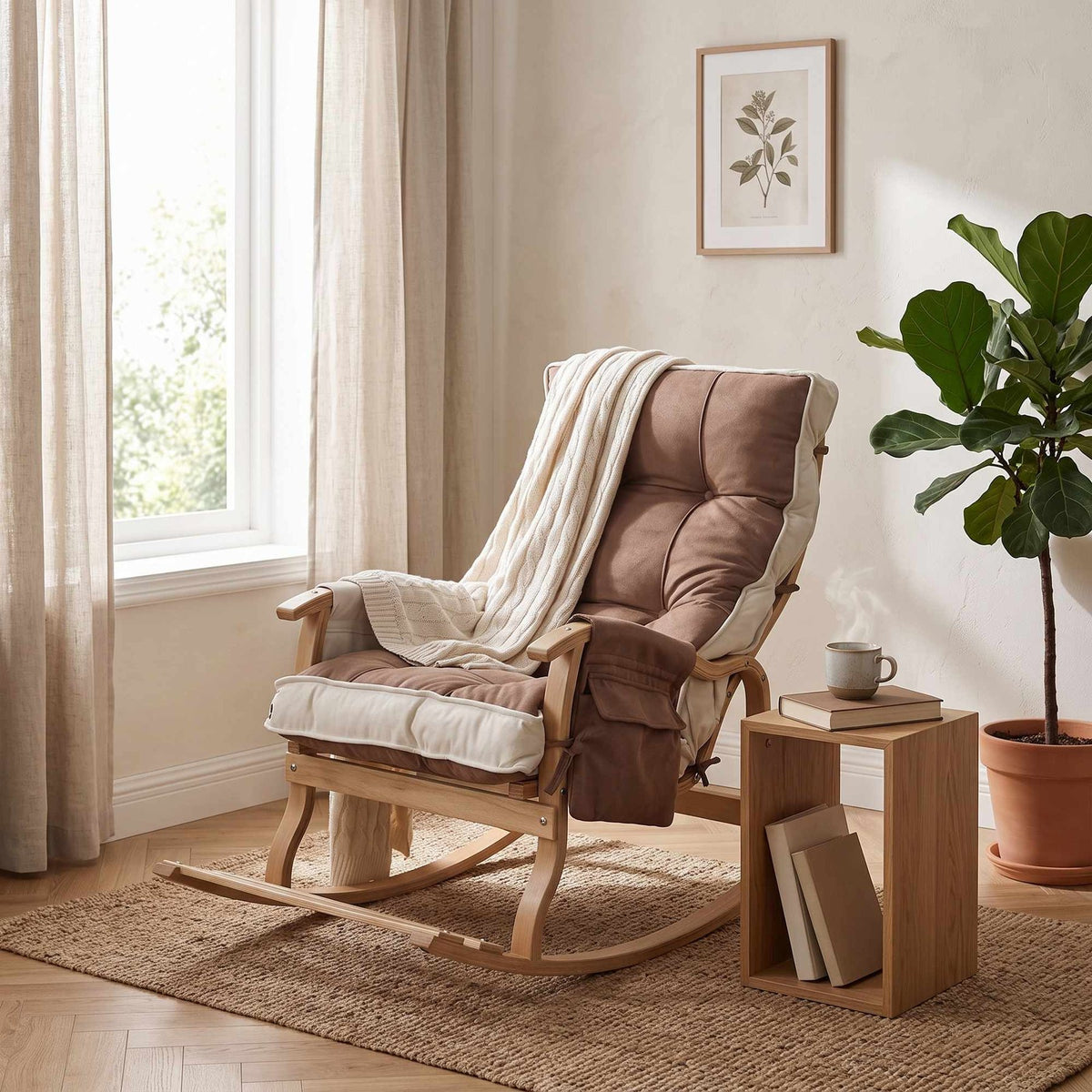 Foto des Mosso Schaukelstuhls von Hanah Home in Braun/Creme, Gestell aus Hainbuchen-Sperrholz, Sitzfläche mit Schaumstoffpolsterung und Polyesterbezug.
