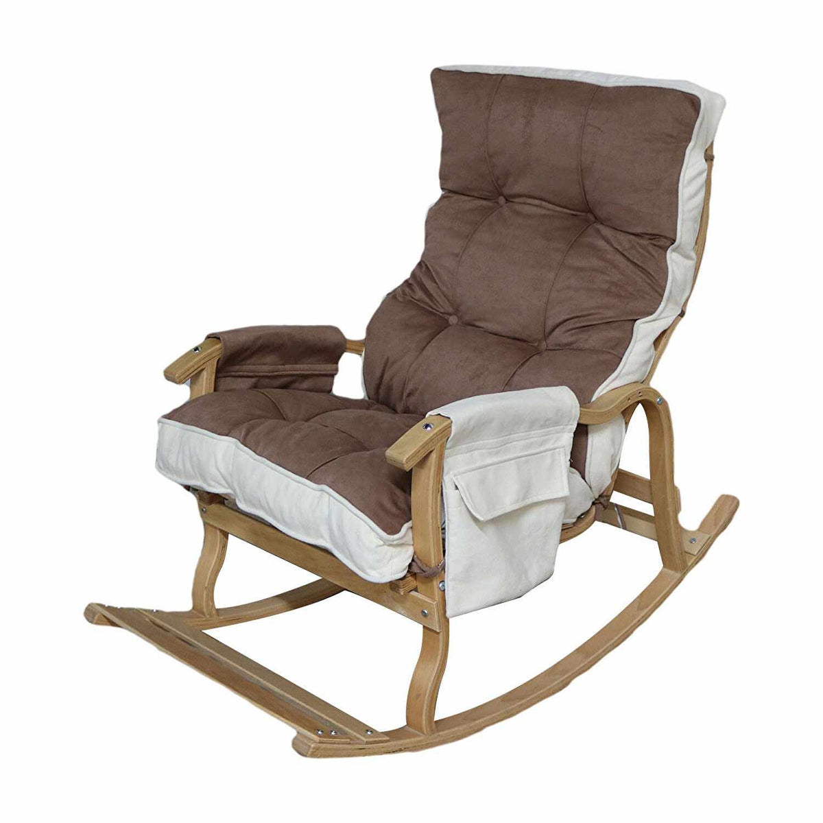 Foto des Mosso Schaukelstuhls von Hanah Home in Braun/Creme, Gestell aus Hainbuchen-Sperrholz, Sitzfläche mit Schaumstoffpolsterung und Polyesterbezug.