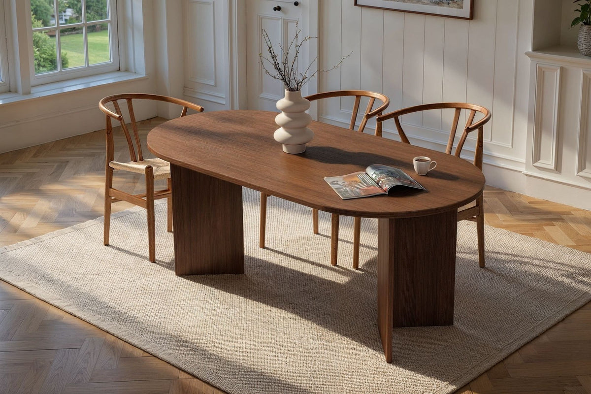 Sablin Esstisch in Milano Nussbaum von Nordure, rechteckige Tischplatte aus melaminbeschichteter Spanplatte, Masse 180 x 90 x 75 cm.