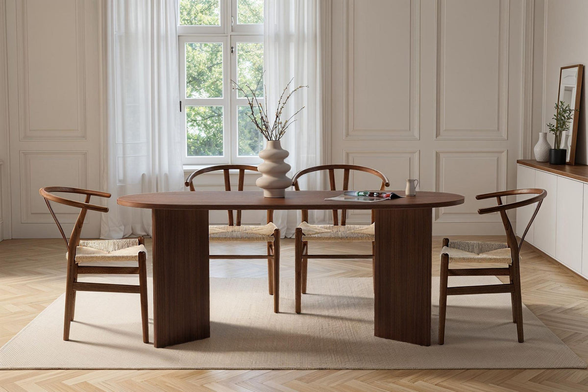 Sablin Esstisch in Milano Nussbaum von Nordure, rechteckige Tischplatte aus melaminbeschichteter Spanplatte, Masse 180 x 90 x 75 cm.