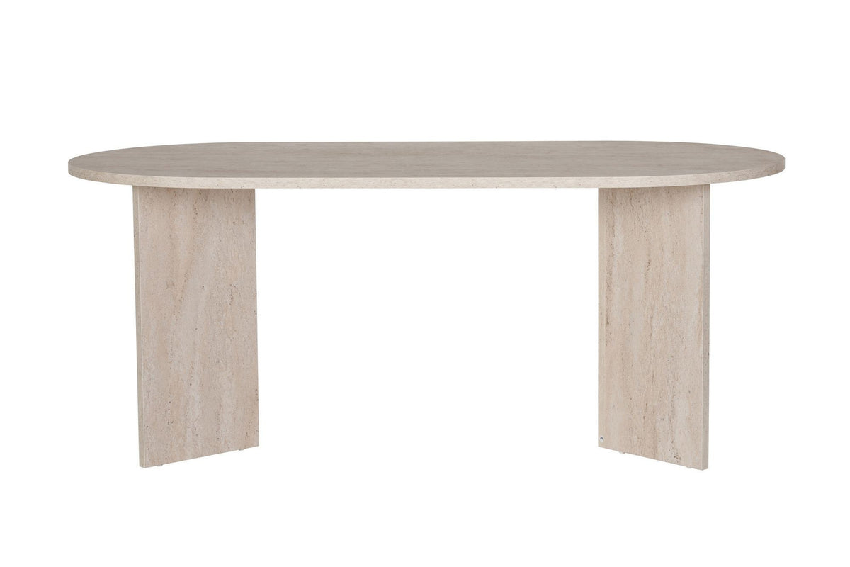 Foto des Sablin Esstisch in Travertin von Nordure, rechteckige Tischplatte aus melaminbeschichteter Spanplatte mit Marmor-Optik in Beige.