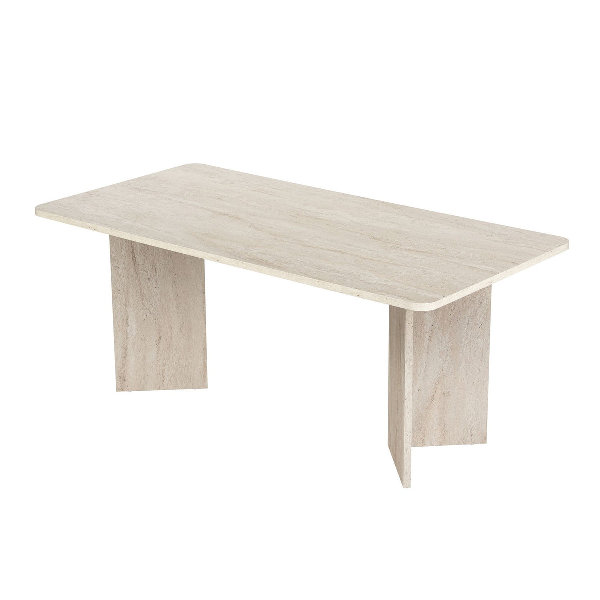 Rechteckiger Esstisch Linza in Travertin-Optik mit Marmor-Muster, Tischplatte aus melaminbeschichteter Spanplatte, Masse 180x90x75 cm.