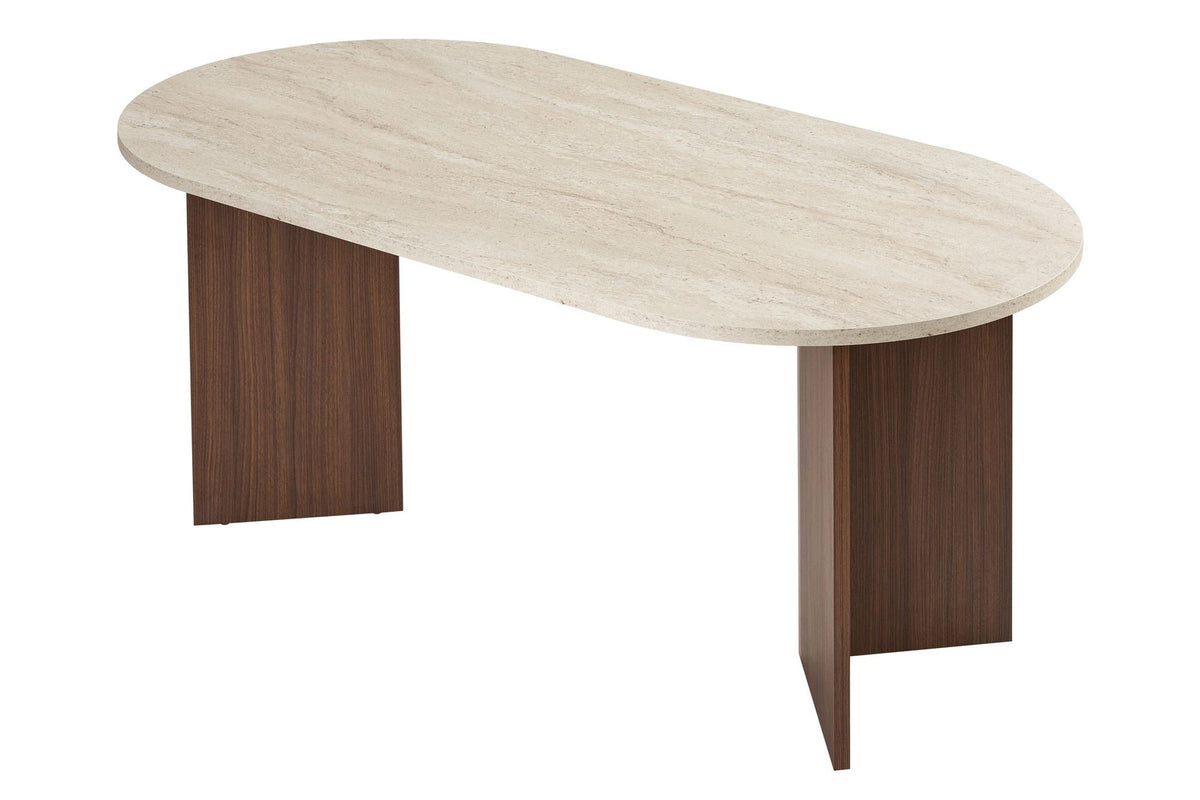 Rechteckiger Esstisch mit Tischplatte in Travertin-Optik und Milano-Walnuss-Farbton, Masse 180x90x75 cm, aus melaminbeschichteter Spanplatte.