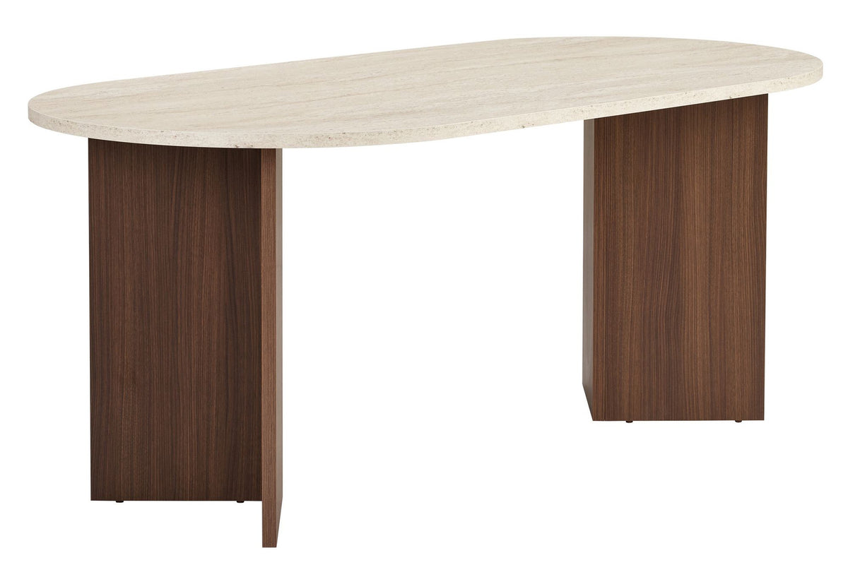 Rechteckiger Esstisch mit Tischplatte in Travertin-Optik und Milano-Walnuss-Farbton, Masse 180x90x75 cm, aus melaminbeschichteter Spanplatte.