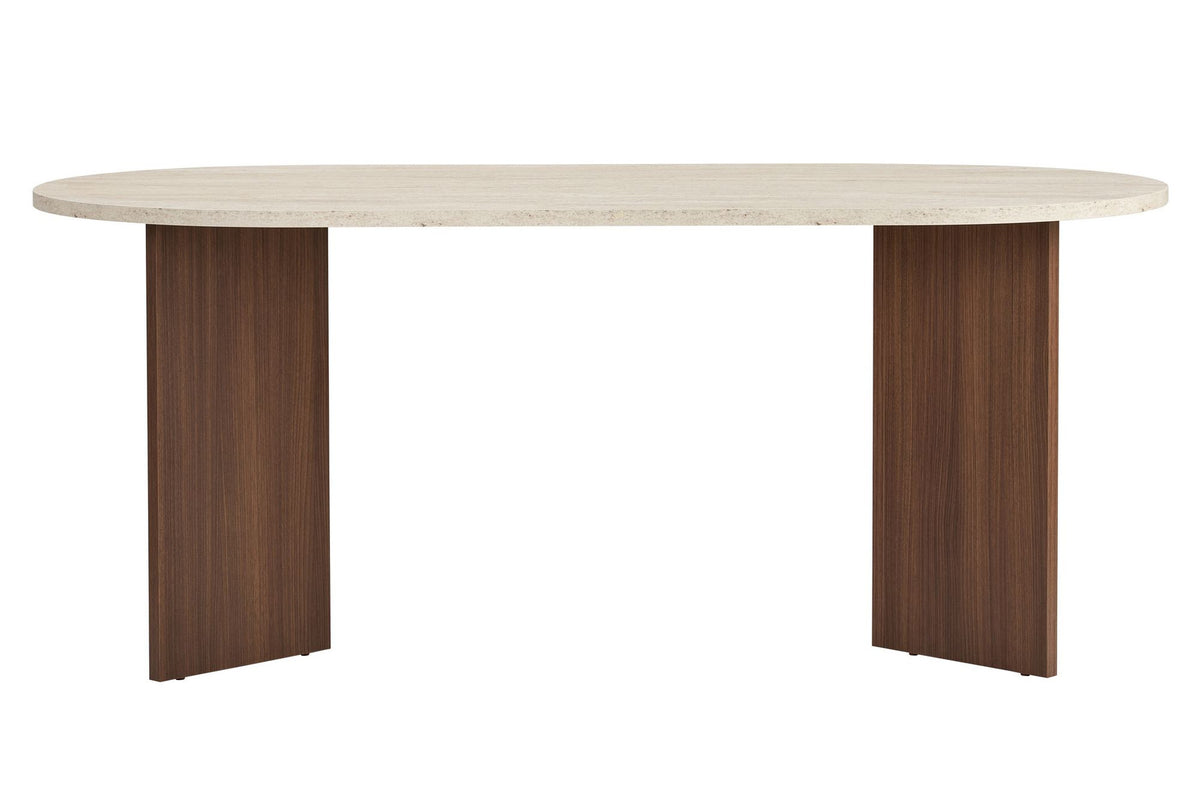 Rechteckiger Esstisch mit Tischplatte in Travertin-Optik und Milano-Walnuss-Farbton, Masse 180x90x75 cm, aus melaminbeschichteter Spanplatte.