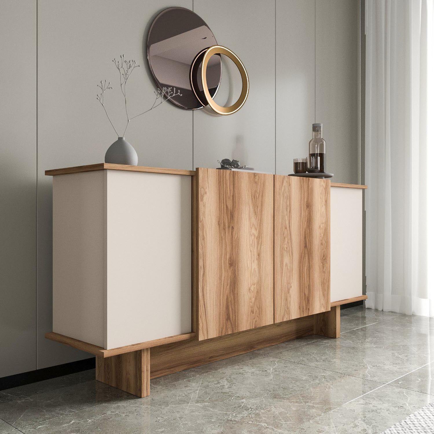 Entdecken Sie das Diana High-Sideboard in Sand und Walnuss von Hanah Home – ein stilvolles Möbelstück, das Eleganz und Funktionalität vereint.