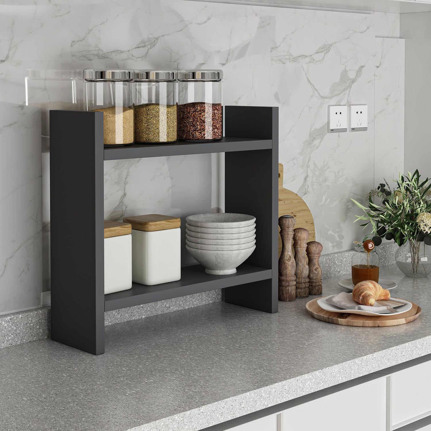 Entdecken Sie das Denver Wandregal in Anthrazit von Hanah Home – die stilvolle Lösung für eine organisierte und moderne Küche!