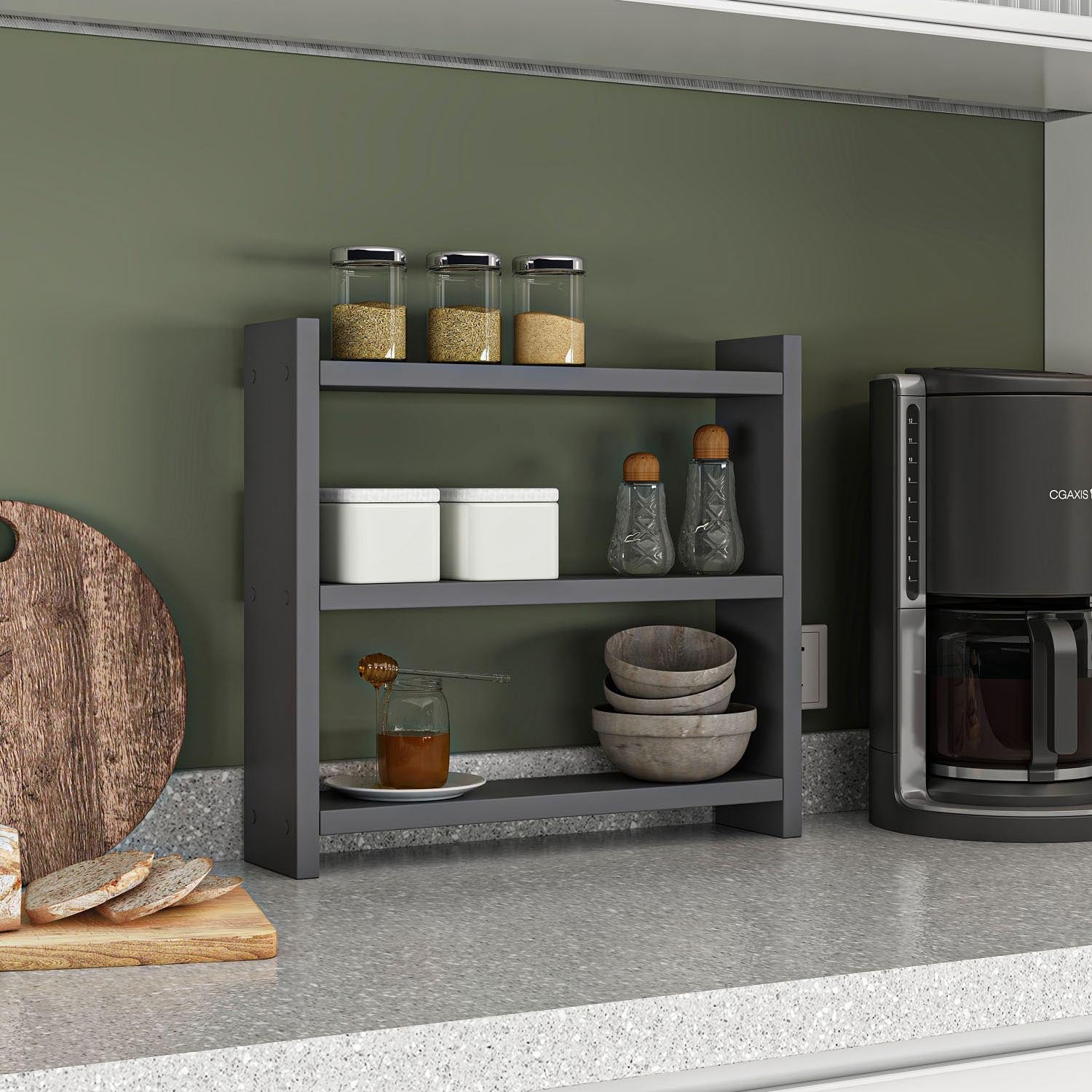 Entdecken Sie das elegante Cosmic Wandregal in Anthrazit von Hanah Home. Perfekt für eine stilvolle und organisierte Küche!