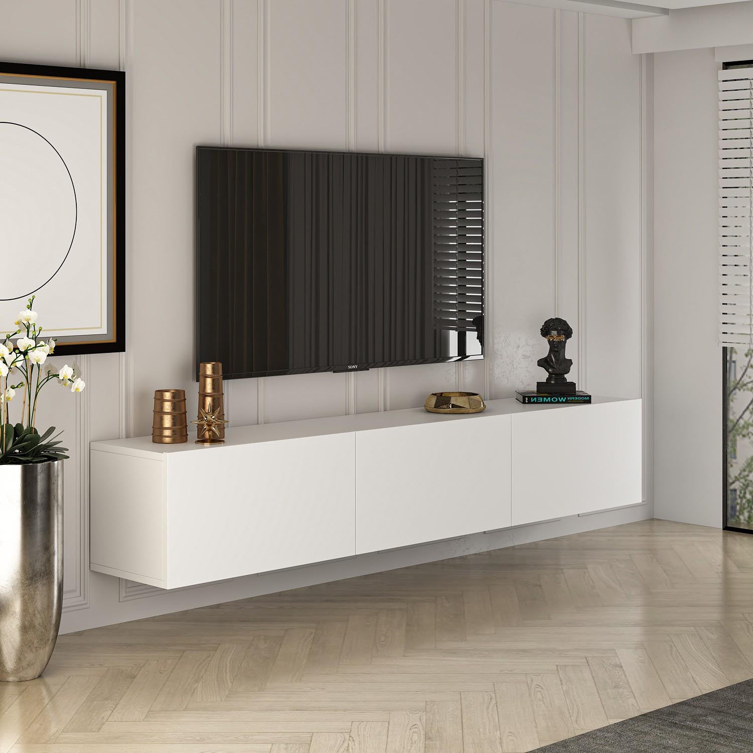 Gestalten Sie Ihr Wohnzimmer mit dem stilvollen West Sideboard in Weiß von Hanah Home – ein eleganter TV-Ständer, der Funktionalität und modernes Design vereint.