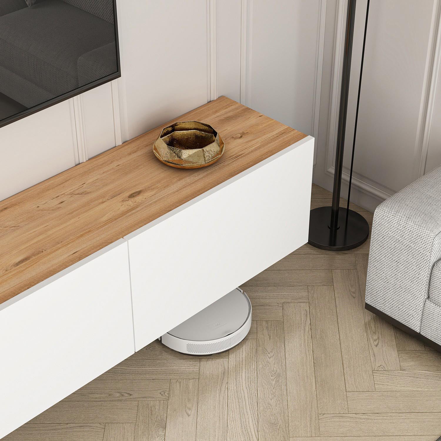 Entdecken Sie das West Sideboard von Hanah Home: Ein modernes Möbelstück aus weißer Atlantischer Kiefer, das Stil und Funktionalität vereint.