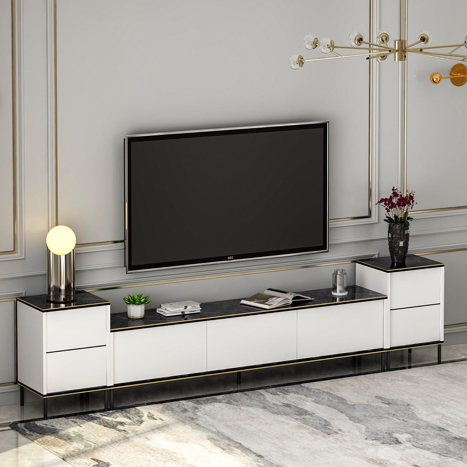 Modernes Imaj TV-Möbel von Hanah Home in Weiß, Schwarz und Gold. Perfekte Kombination aus Eleganz und Funktionalität für Ihr Wohnzimmer.
