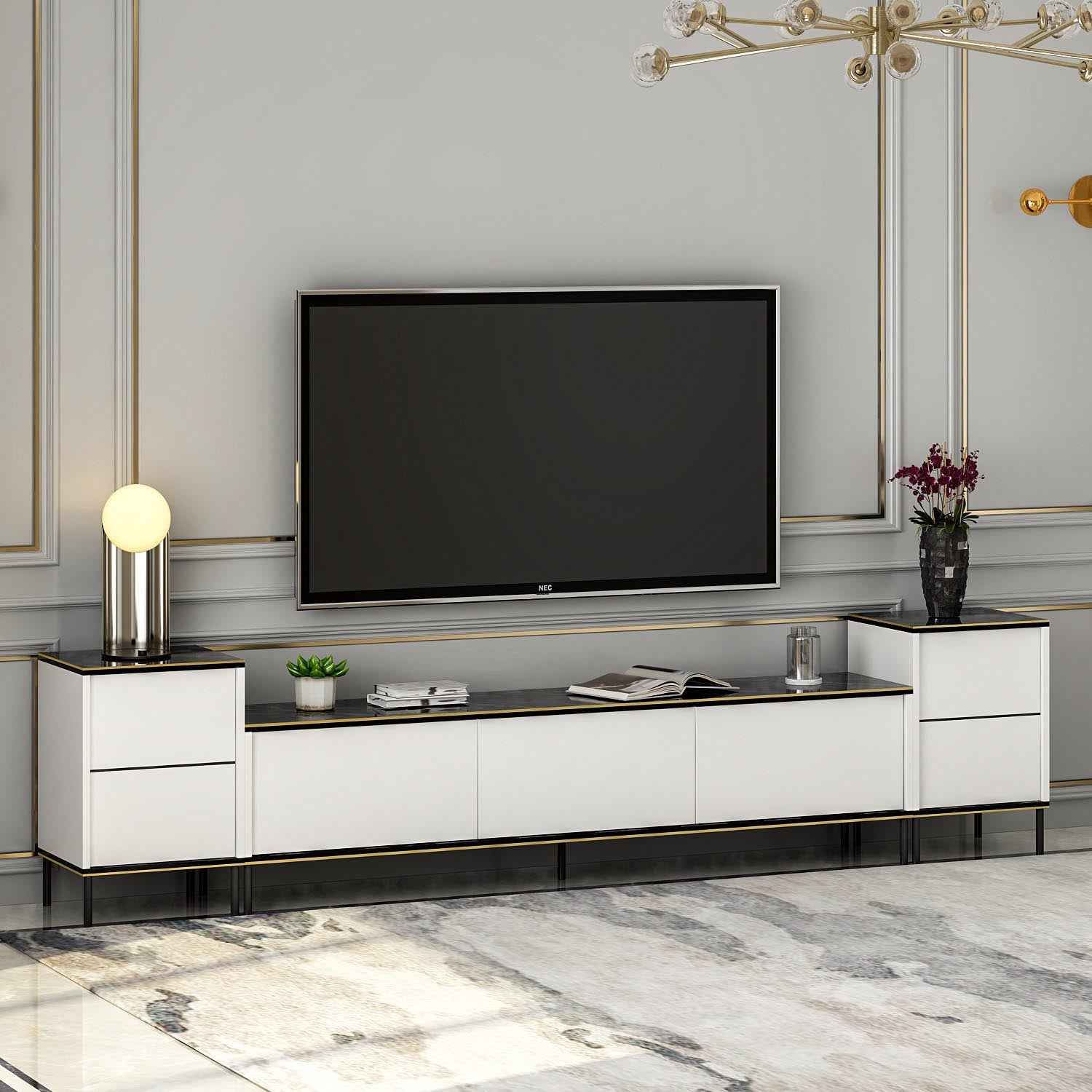 Elegantes Imaj TV-Möbel von Hanah Home in Weiß, Schwarz und Gold. Ideal für stilvolle Wohnzimmer mit viel Stauraum und modernem Design.