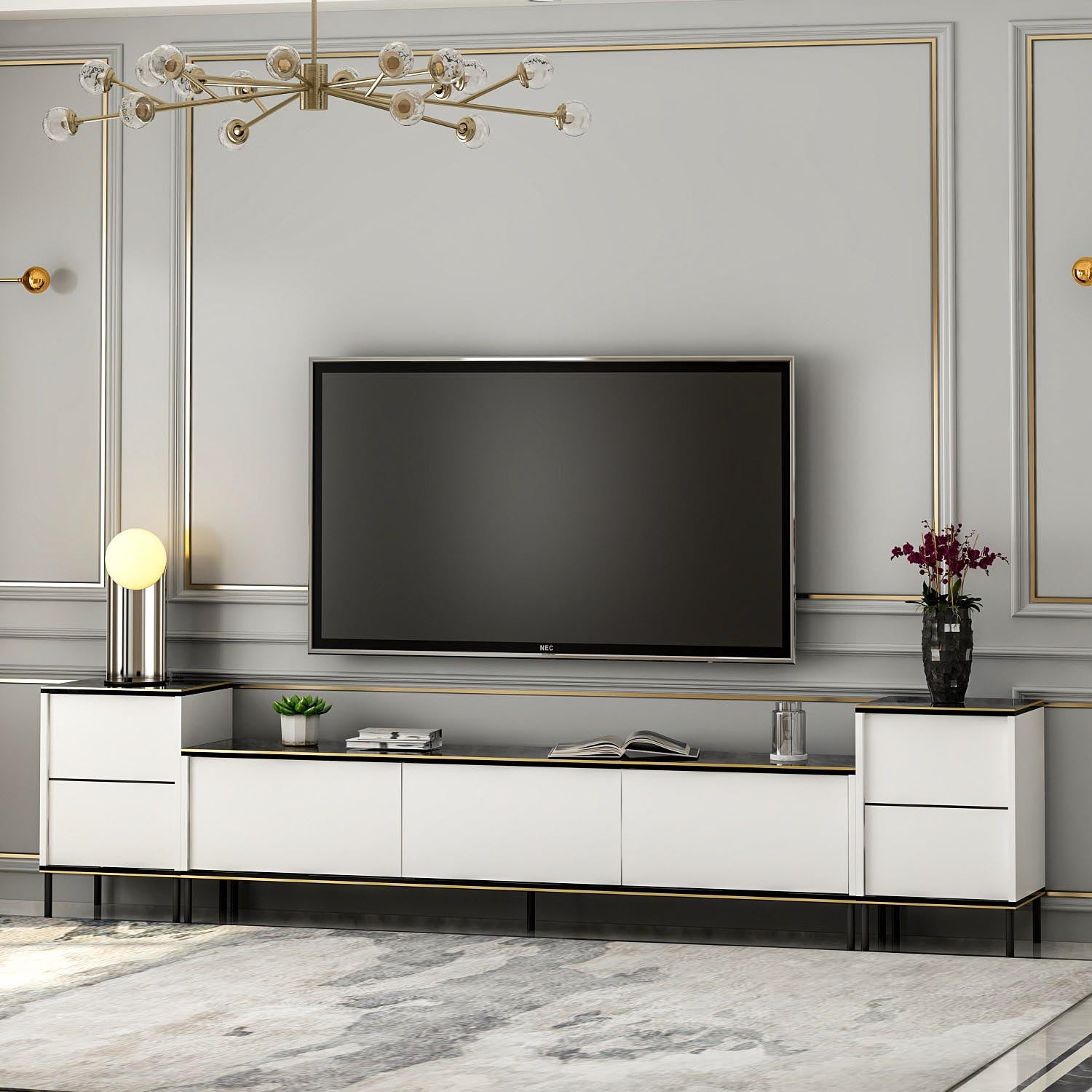 Stilvolles Imaj TV-Möbel von Hanah Home in edlem Weiß, Schwarz und Gold. Perfekte Kombination aus Eleganz und Funktionalität für Ihr Wohnzimmer.