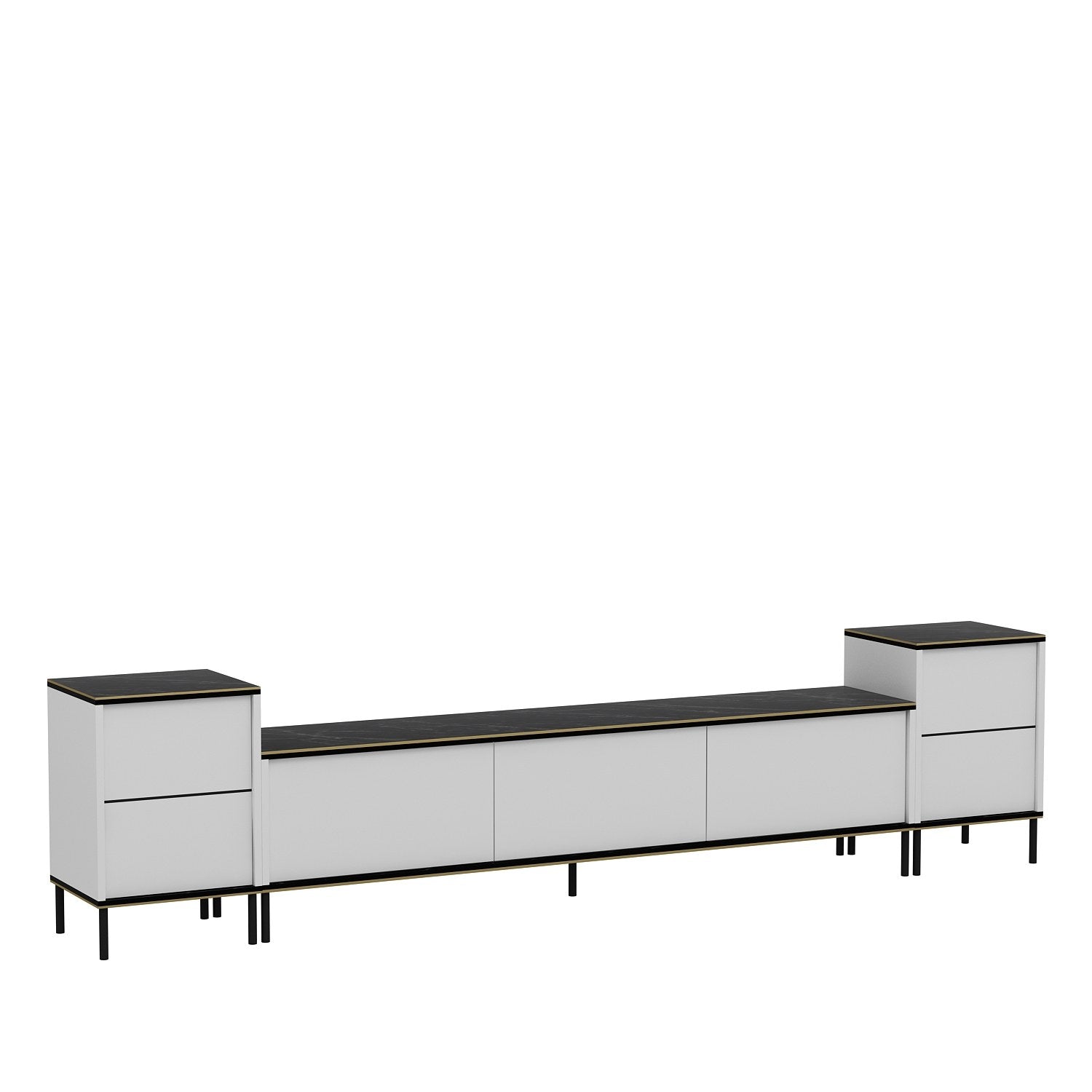 Elegantes Imaj TV-Möbel von Hanah Home in Weiß, Schwarz und Gold. Ideal für stilvolle Wohnzimmer mit viel Stauraum und modernem Design.