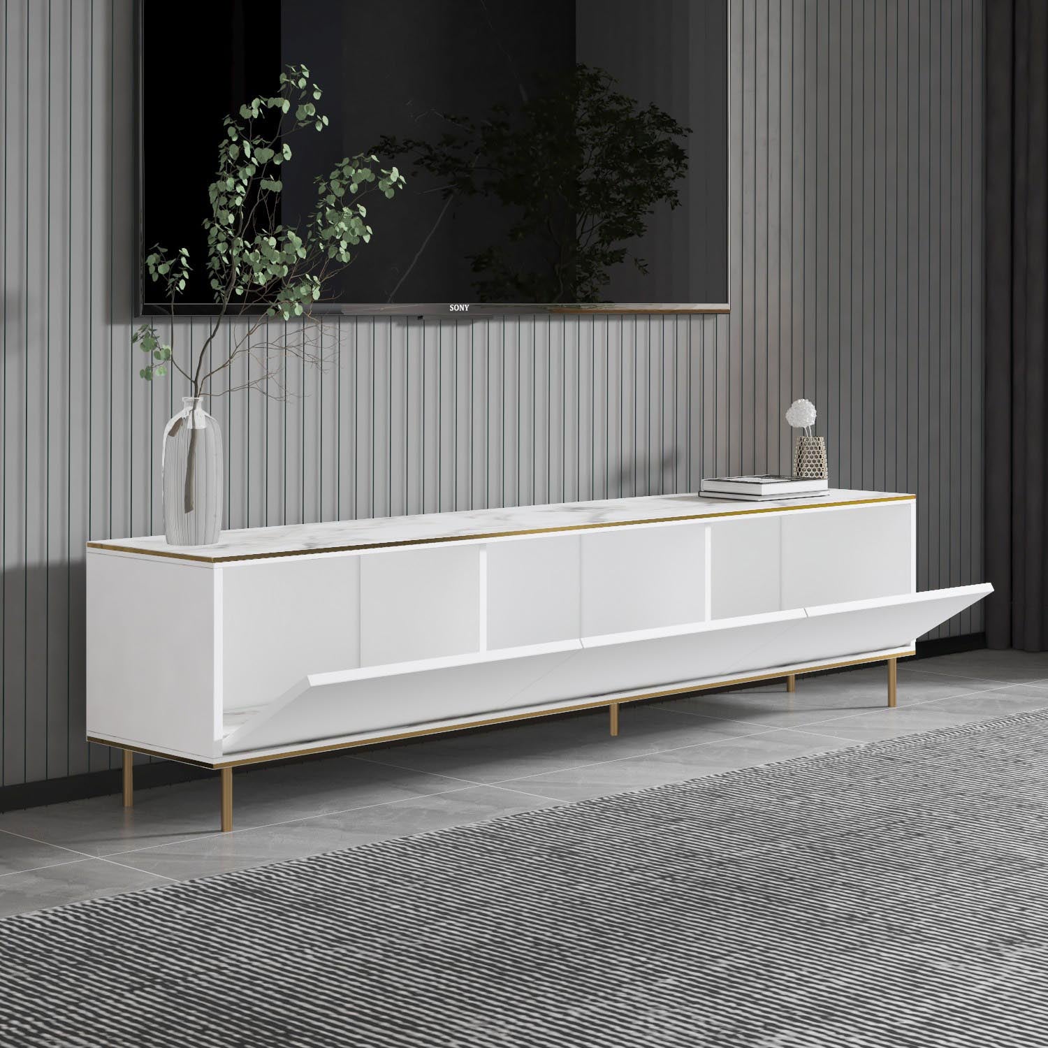 Erleben Sie das Imaj Sideboard von Hanah Home: Ein stilvolles Möbelstück aus edlem weißem Marmor und goldenen Akzenten, das Ihr Zuhause aufwertet.