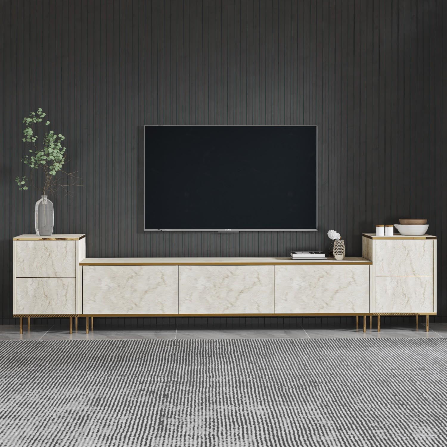 Erleben Sie das Imaj TV-Möbel in Travertin Gold von Hanah Home – ein stilvolles Highlight für Ihr Wohnzimmer, das Eleganz und praktischen Stauraum bietet.