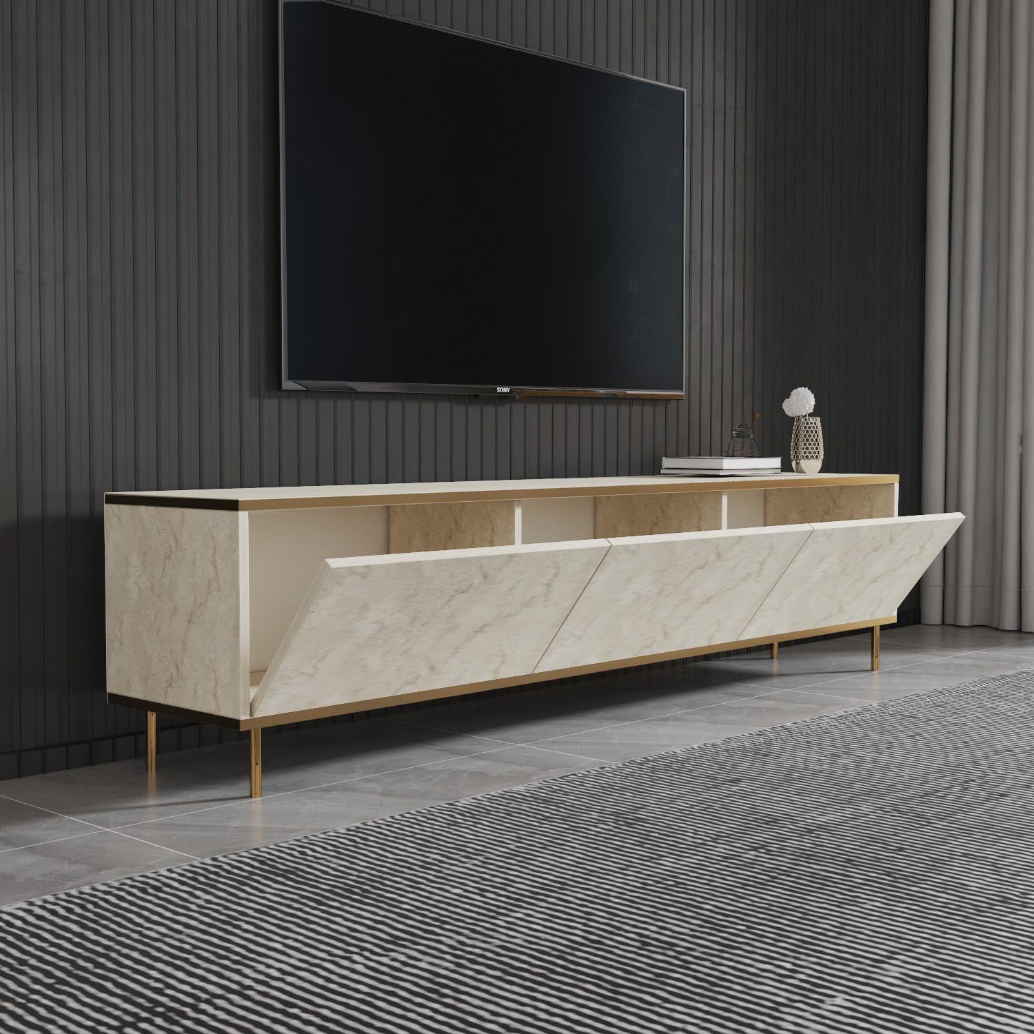 Erleben Sie das Imaj Sideboard in edlem Travertin Gold von Hanah Home – eine perfekte Kombination aus Eleganz und Funktionalität für Ihr Zuhause.