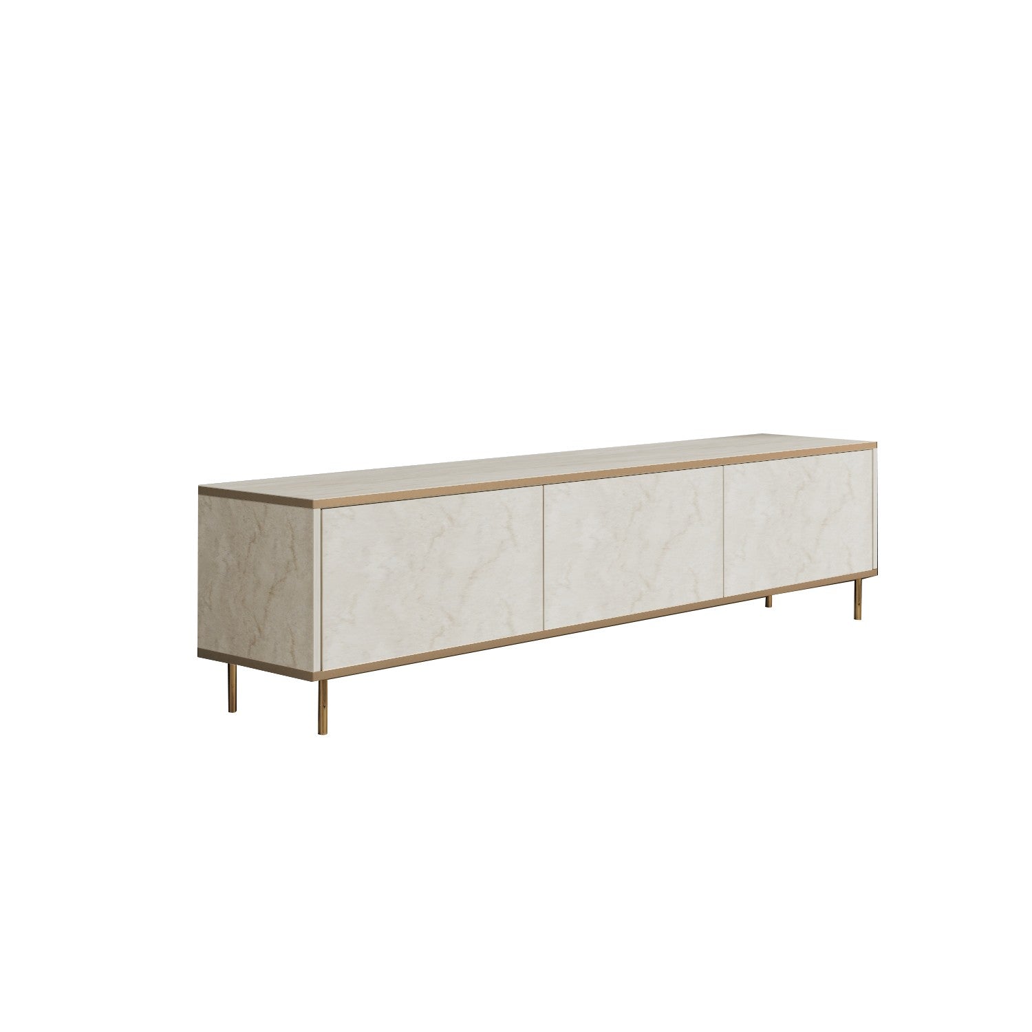Entdecken Sie das Imaj Sideboard in luxuriösem Travertin Gold von Hanah Home – stilvolles Design trifft auf praktischen Stauraum für Ihr Wohnzimmer.