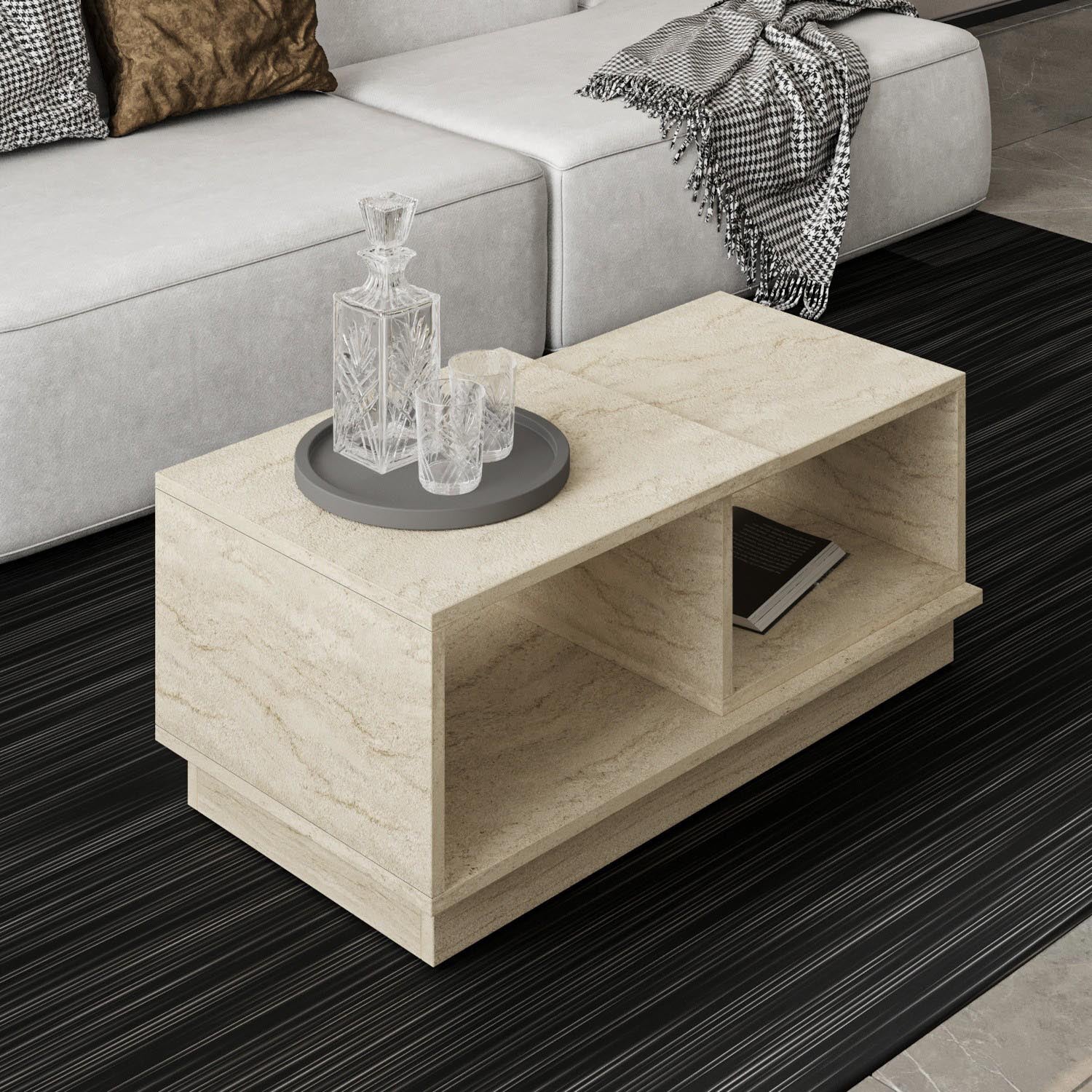 Verleihen Sie Ihrem Wohnzimmer mit dem Consept Sofatisch aus Travertin von Hanah Home einen Hauch von Eleganz und Stil. Ein perfektes Highlight!