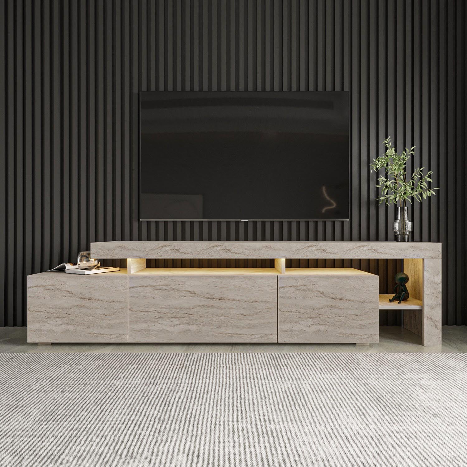 Entdecken Sie das elegante Beliz Sideboard in Travertin von Hanah Home – stilvolles Design und praktischer Stauraum für Ihr Wohnzimmer.