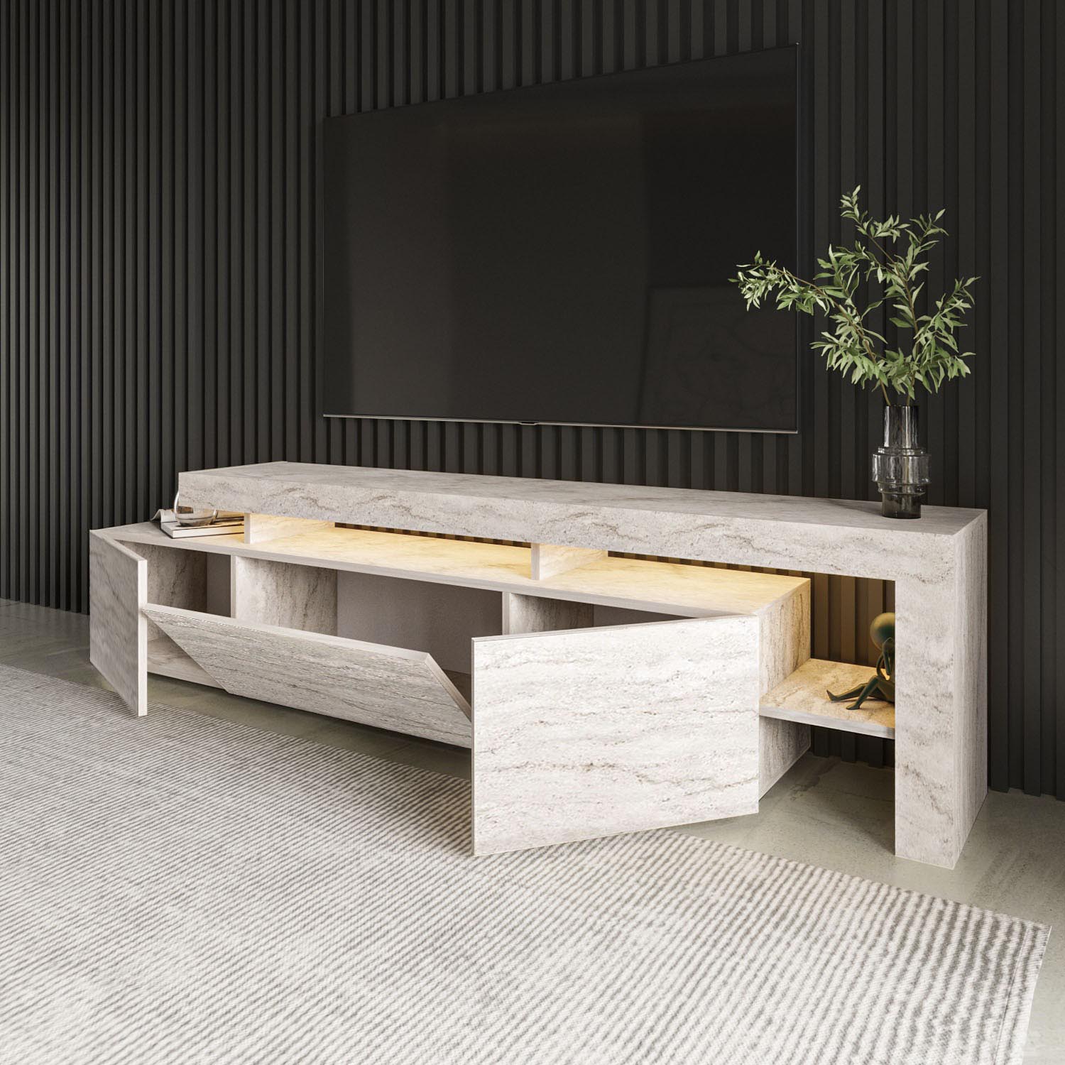 Entdecken Sie das Beliz Sideboard in Travertin von Hanah Home – ein stilvolles Möbelstück, das Eleganz und Funktionalität vereint.