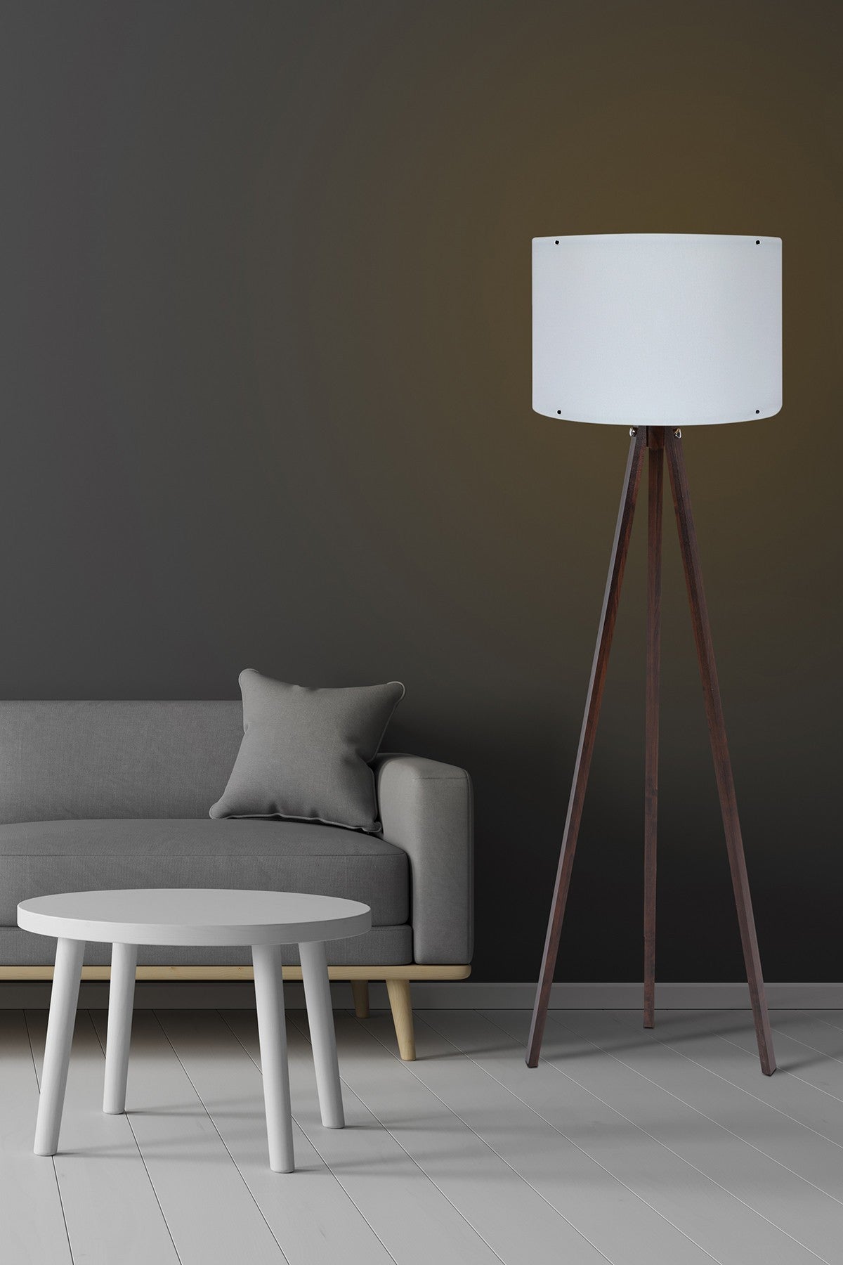 Erleben Sie die elegante Stehlampe 128 von Opviq. Ihr modernes Design in Weiß und Nussbaum verwandelt jeden Raum in eine stilvolle Oase.