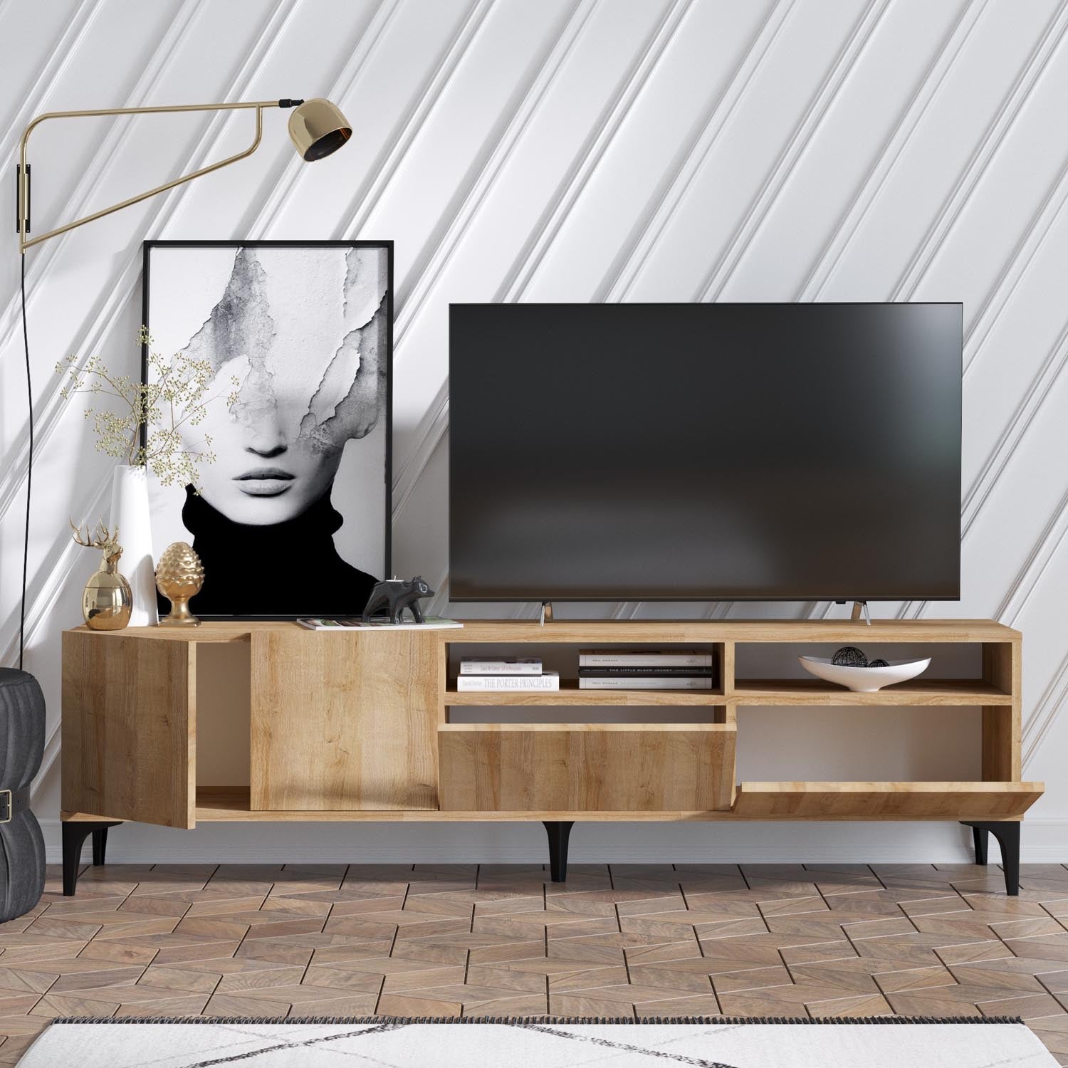 Entdecken Sie das Ross Sideboard von Hanah Home in Eiche – eine stilvolle Lösung für Ihr Wohnzimmer, die Eleganz und praktischen Stauraum vereint.