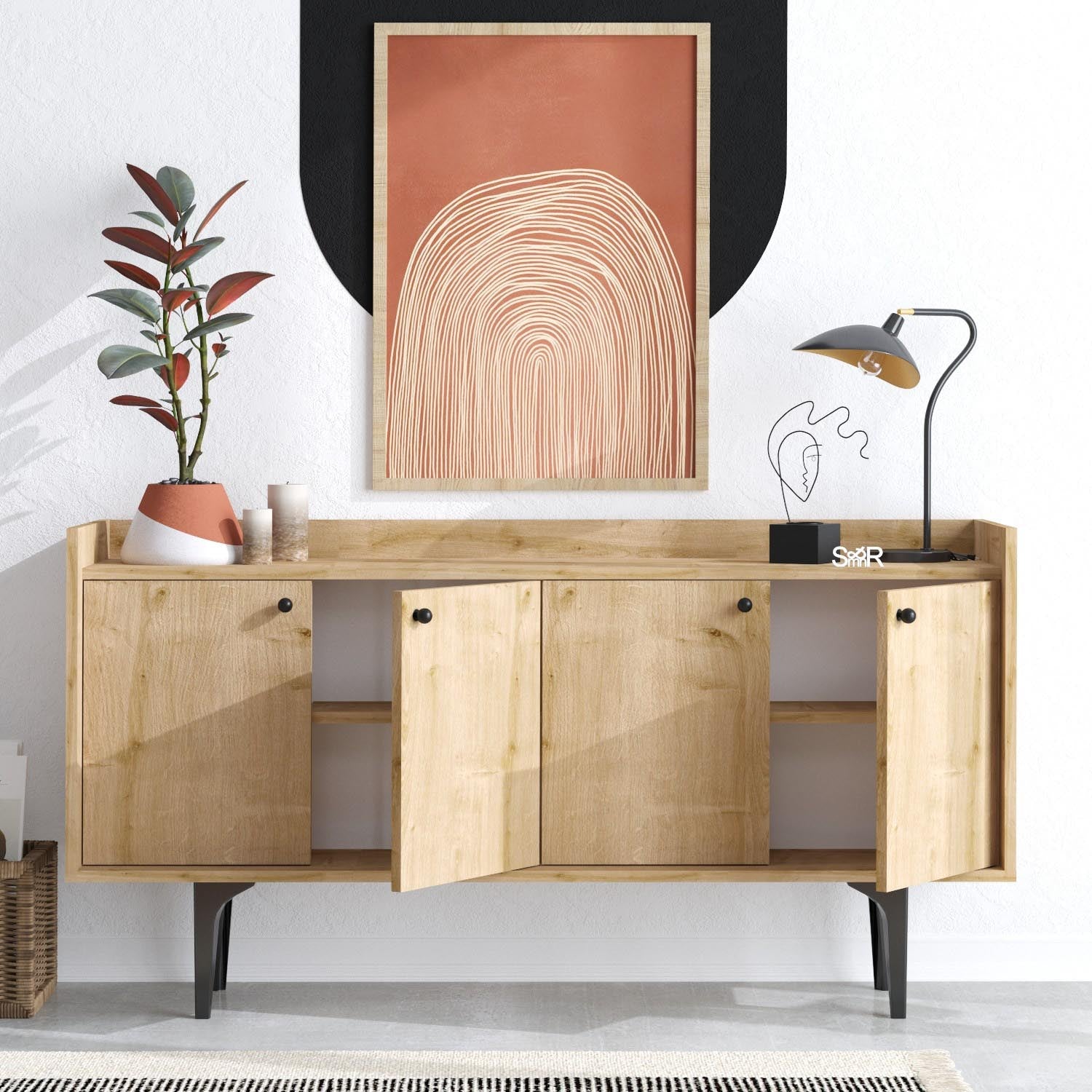 Verleihen Sie Ihrem Zuhause mit dem Navi High-Sideboard in Saphir-Eiche von Hanah Home einen Hauch von Eleganz. Ideal für jeden Raum!