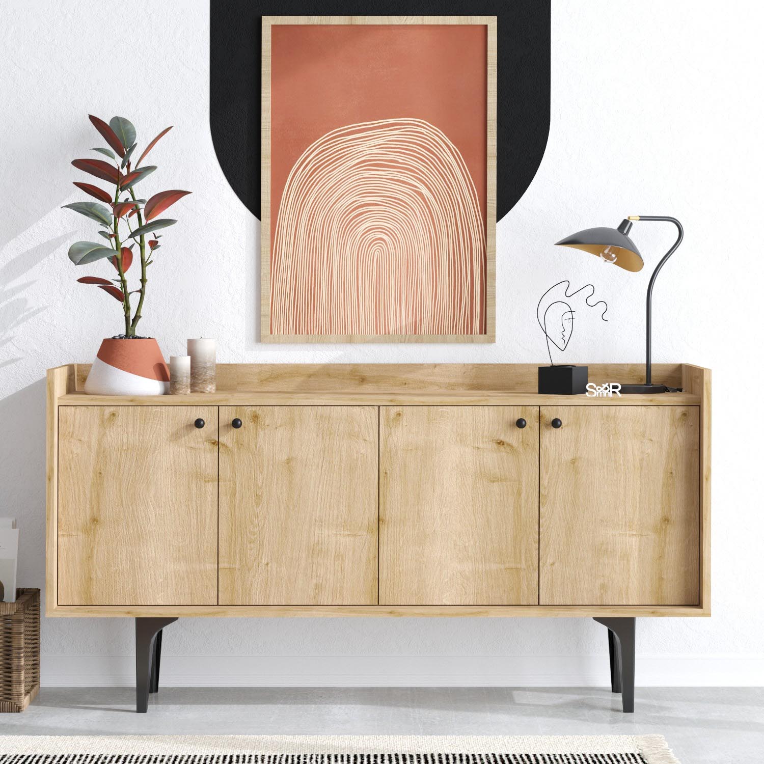 Entdecken Sie das Navi High-Sideboard in Saphir-Eiche von Hanah Home – ein stilvolles Möbelstück, das jedem Raum Charme und Funktionalität verleiht.