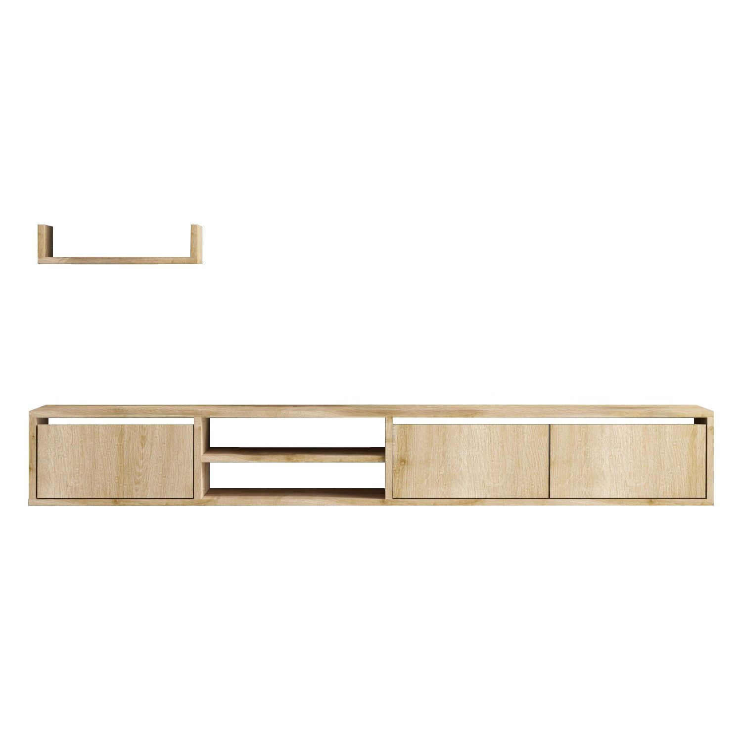 Verleihen Sie Ihrem Wohnzimmer mit dem Heka TV-Möbel in Saphir-Eiche von Hanah Home Eleganz und Ordnung – ideal für modernes Wohnen!