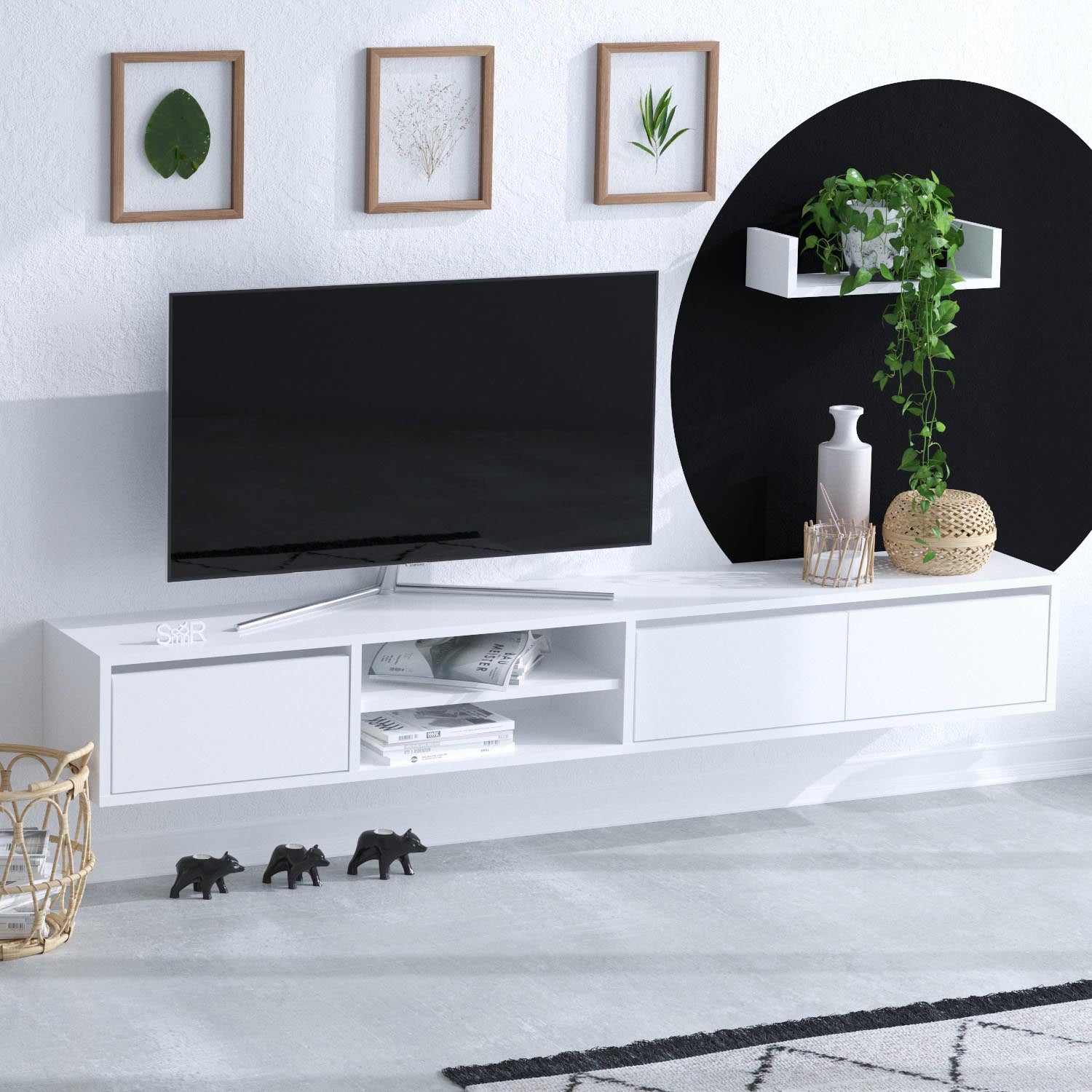 Entdecken Sie das elegante Alcor TV-Möbel in Weiß von Hanah Home. Modernes Design, antibakterielle Funktion und einfache Montage für Ihr stilvolles Wohnzimmer.