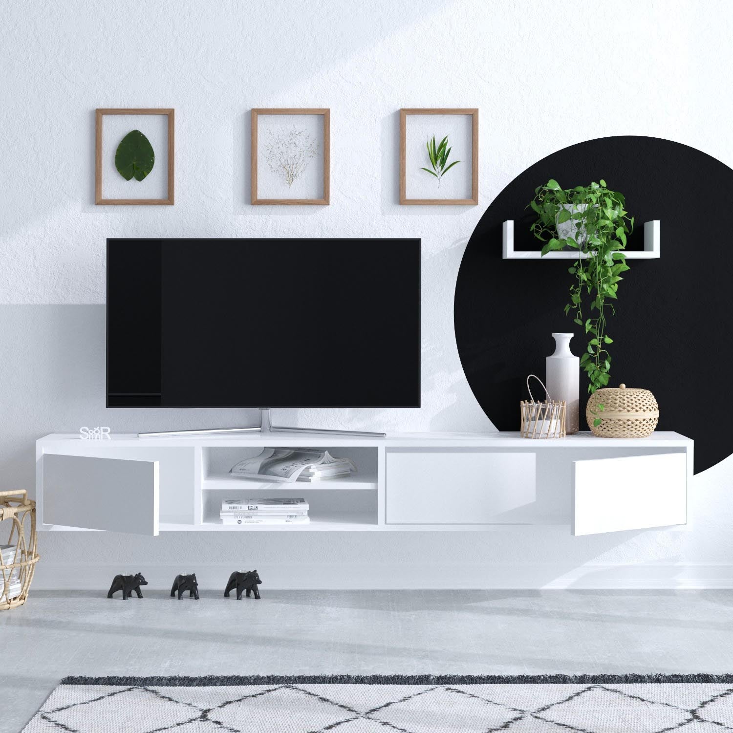 Verleihen Sie Ihrem Wohnzimmer mit dem Alcor TV-Möbel von Hanah Home in Weiß einen modernen Akzent. Funktionalität trifft auf elegantes Design!