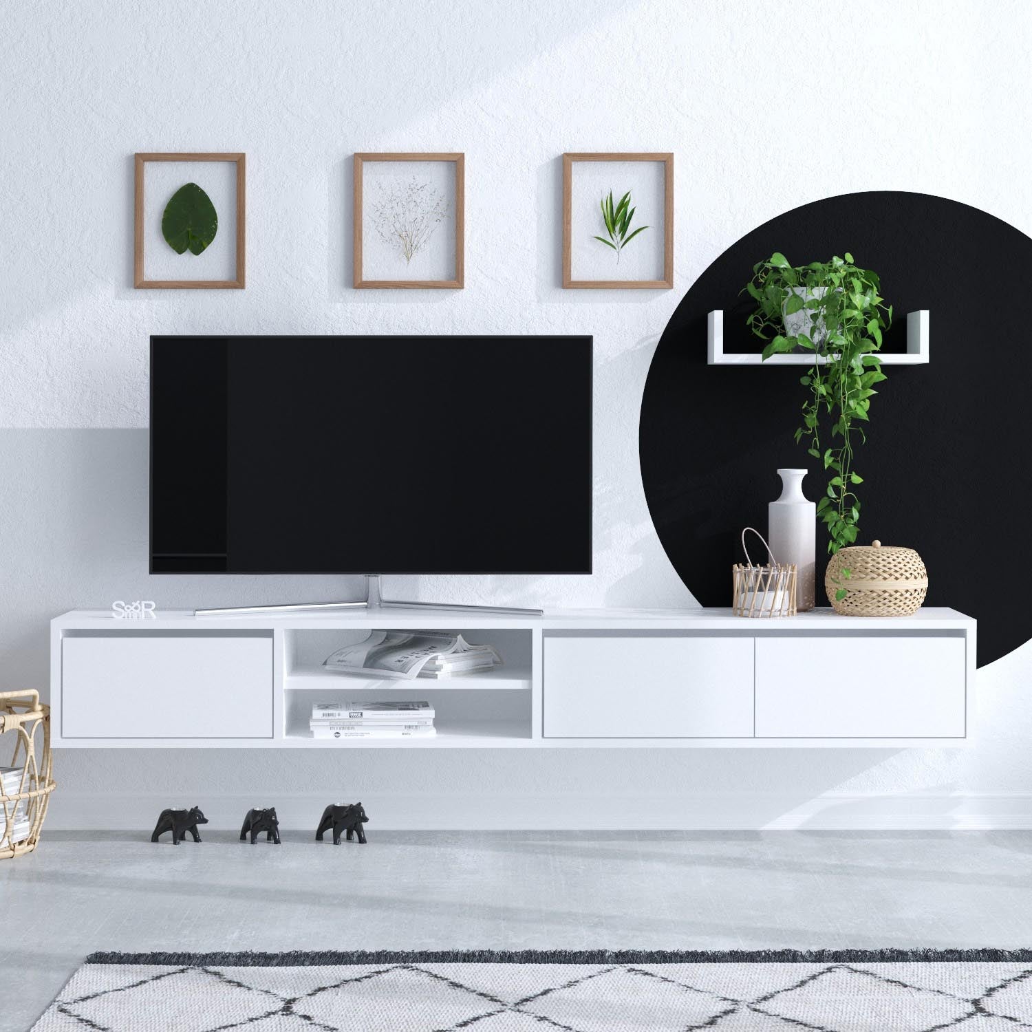 Gestalten Sie Ihr Wohnzimmer neu mit dem Alcor TV-Möbel in Weiß von Hanah Home. Modernes Design und praktische Funktionalität vereint!