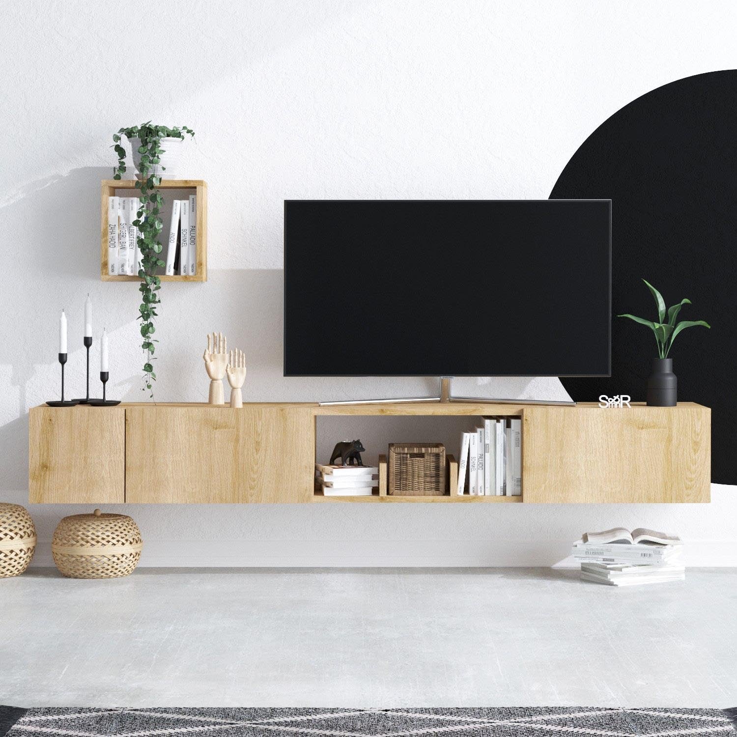 Gestalten Sie Ihr Wohnzimmer neu mit dem stilvollen Avior TV-Möbel in Saphir-Eiche von Hanah Home. Funktionalität trifft auf elegantes Design!