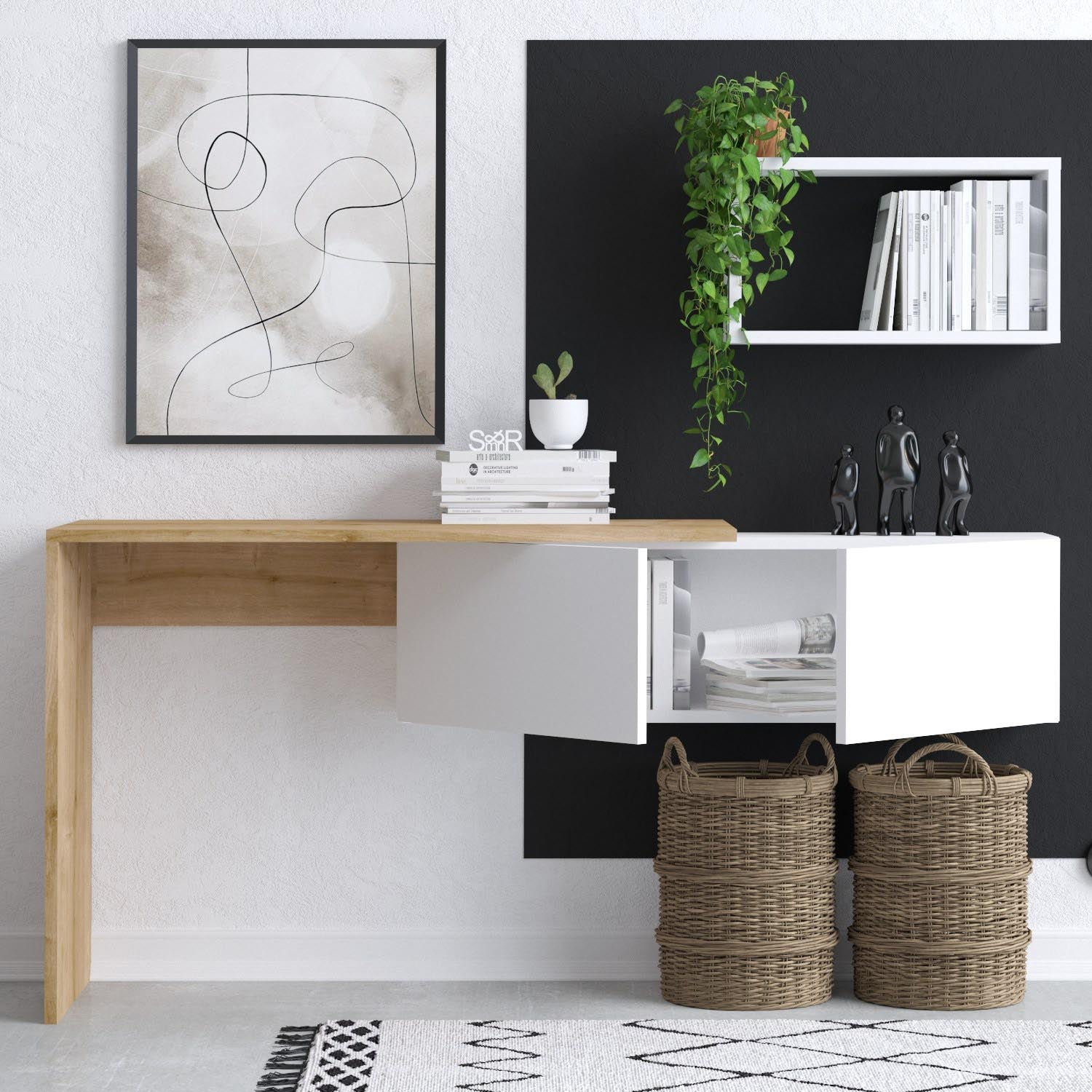 Gestalten Sie Ihren Arbeitsplatz mit dem modernen Tiff Schreibtisch von Hanah Home in Weiß-Eiche. Funktionalität trifft auf zeitloses Design!