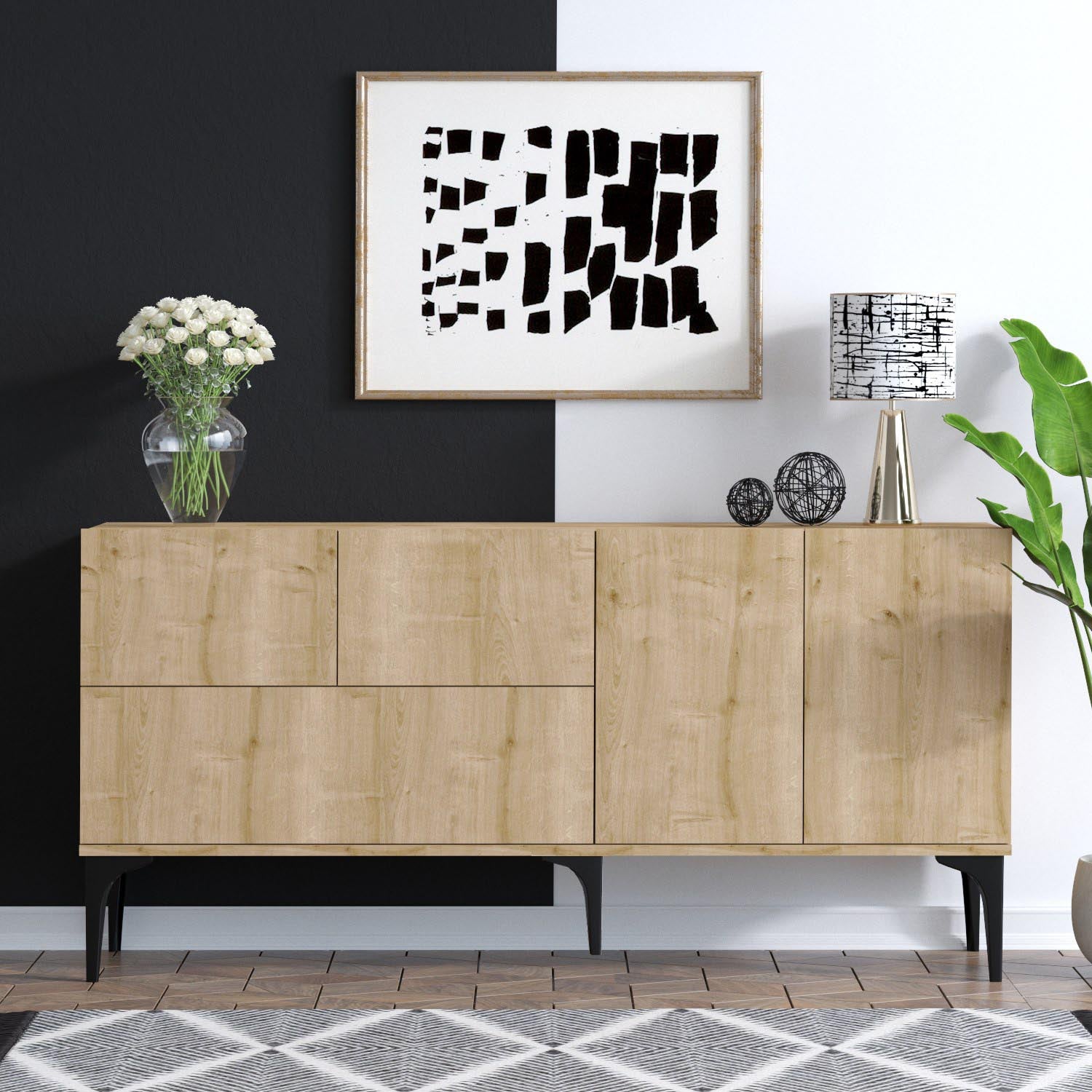 Entdecken Sie das elegante Tress High-Sideboard in Eiche Schwarz von Hanah Home – stilvoll, robust und vielseitig für Ihr Zuhause.